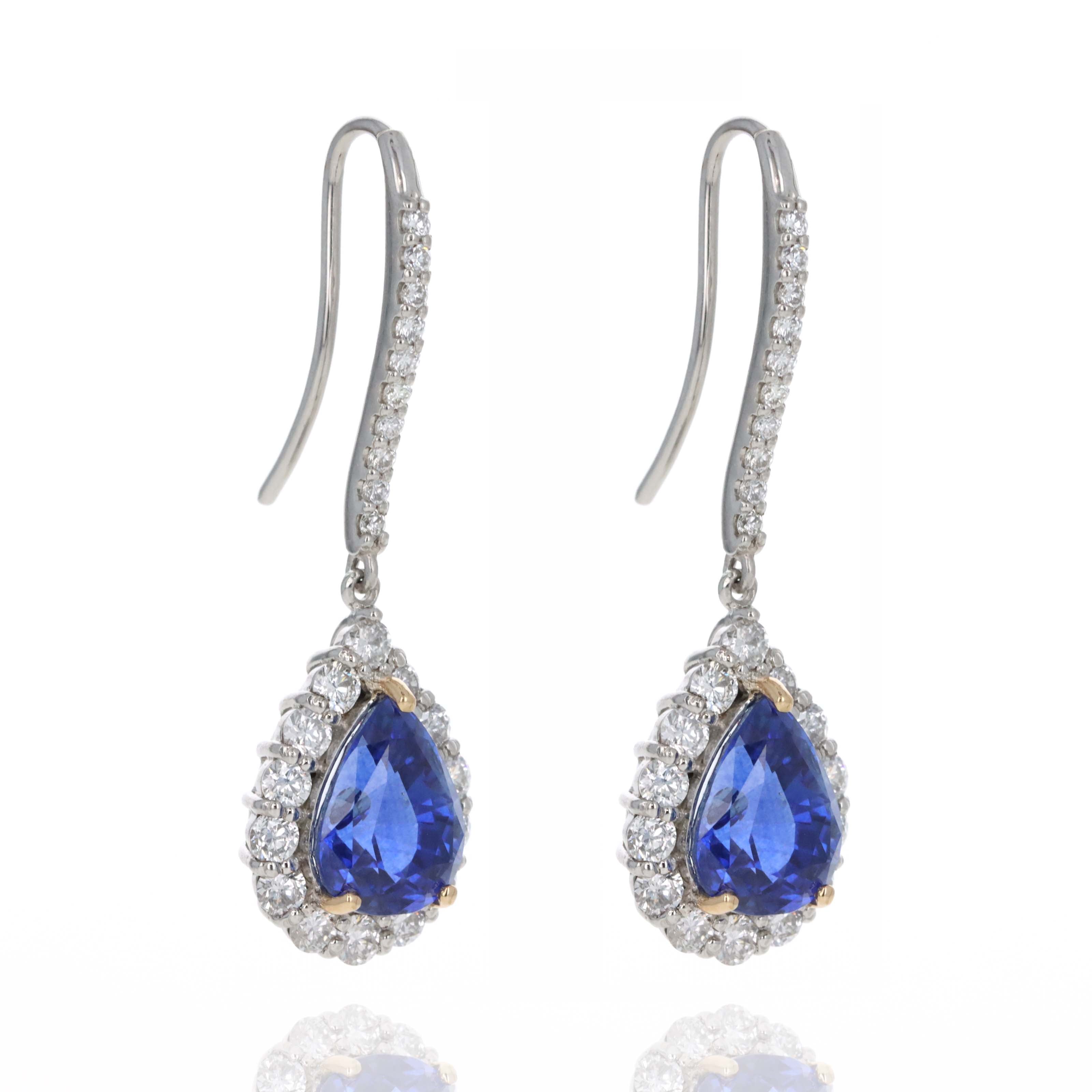 5.93 Carat Royal Blue Ceylon Pear Sapphire Diamond Halo Drop Earrings