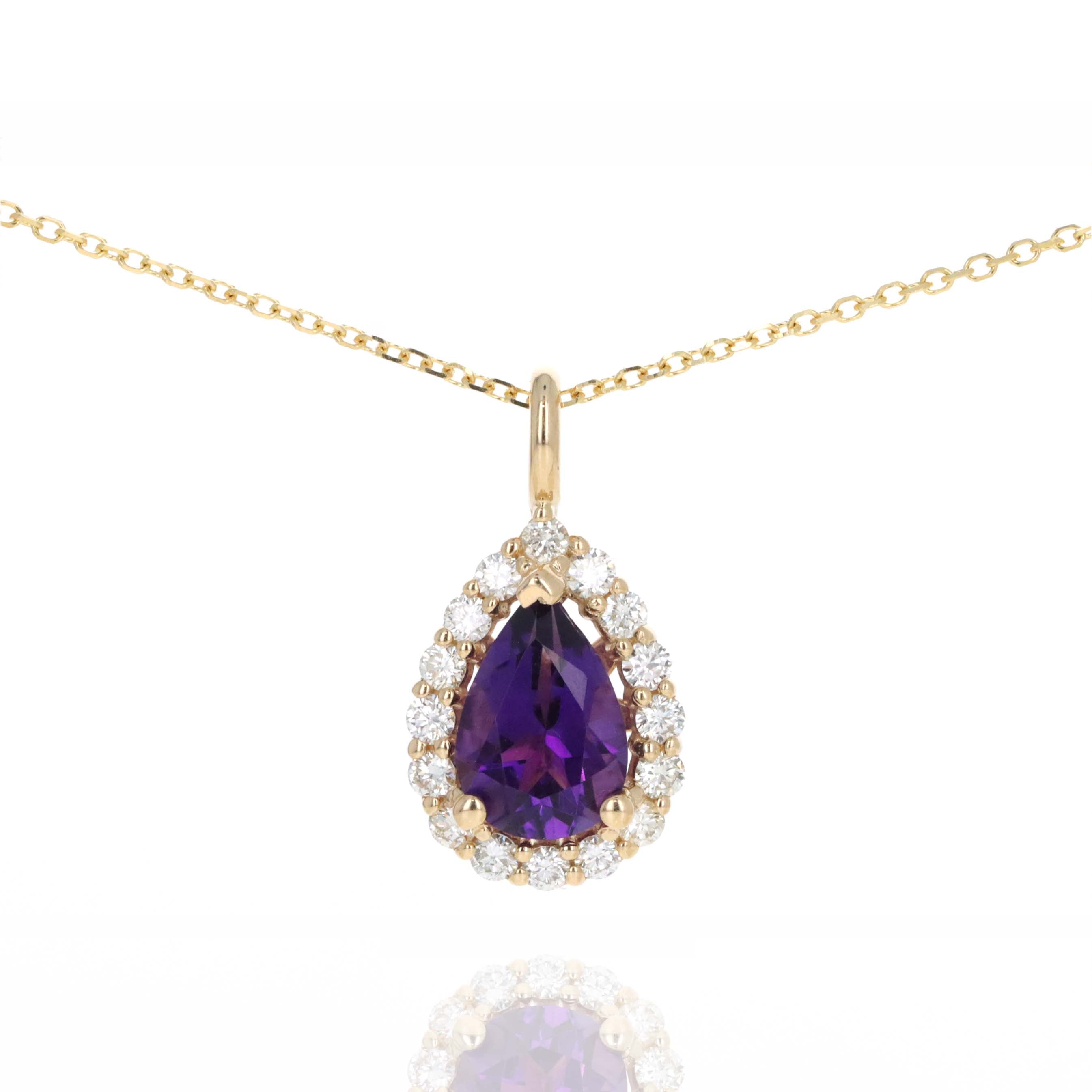 14K Yellow Gold 1 Carat Amethyst Diamond Halo Pendant Necklace