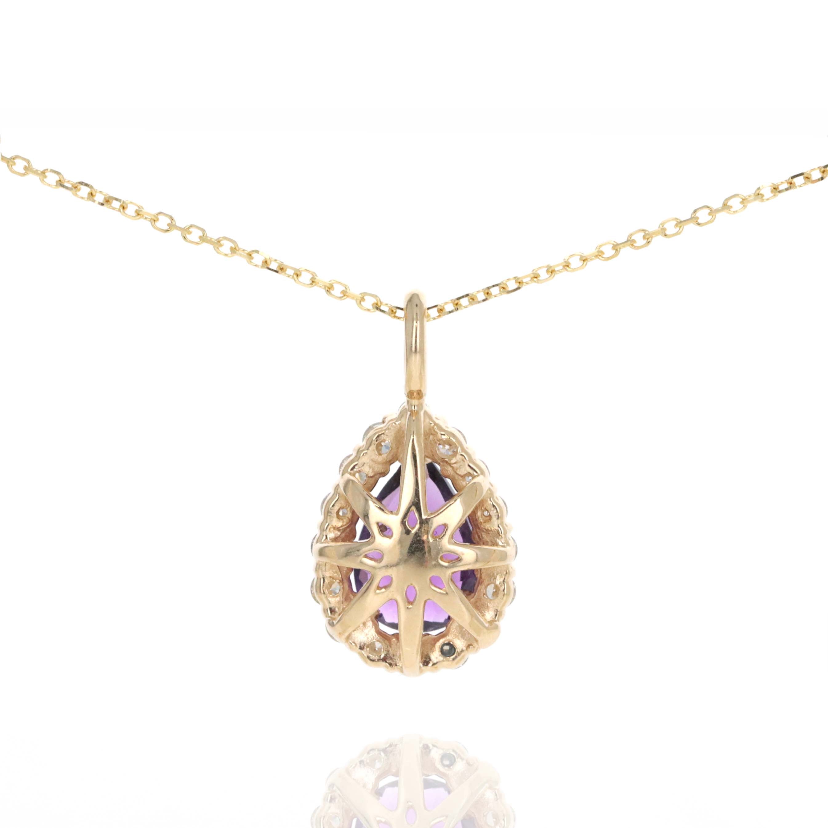 14K Yellow Gold 1 Carat Amethyst Diamond Halo Pendant Necklace