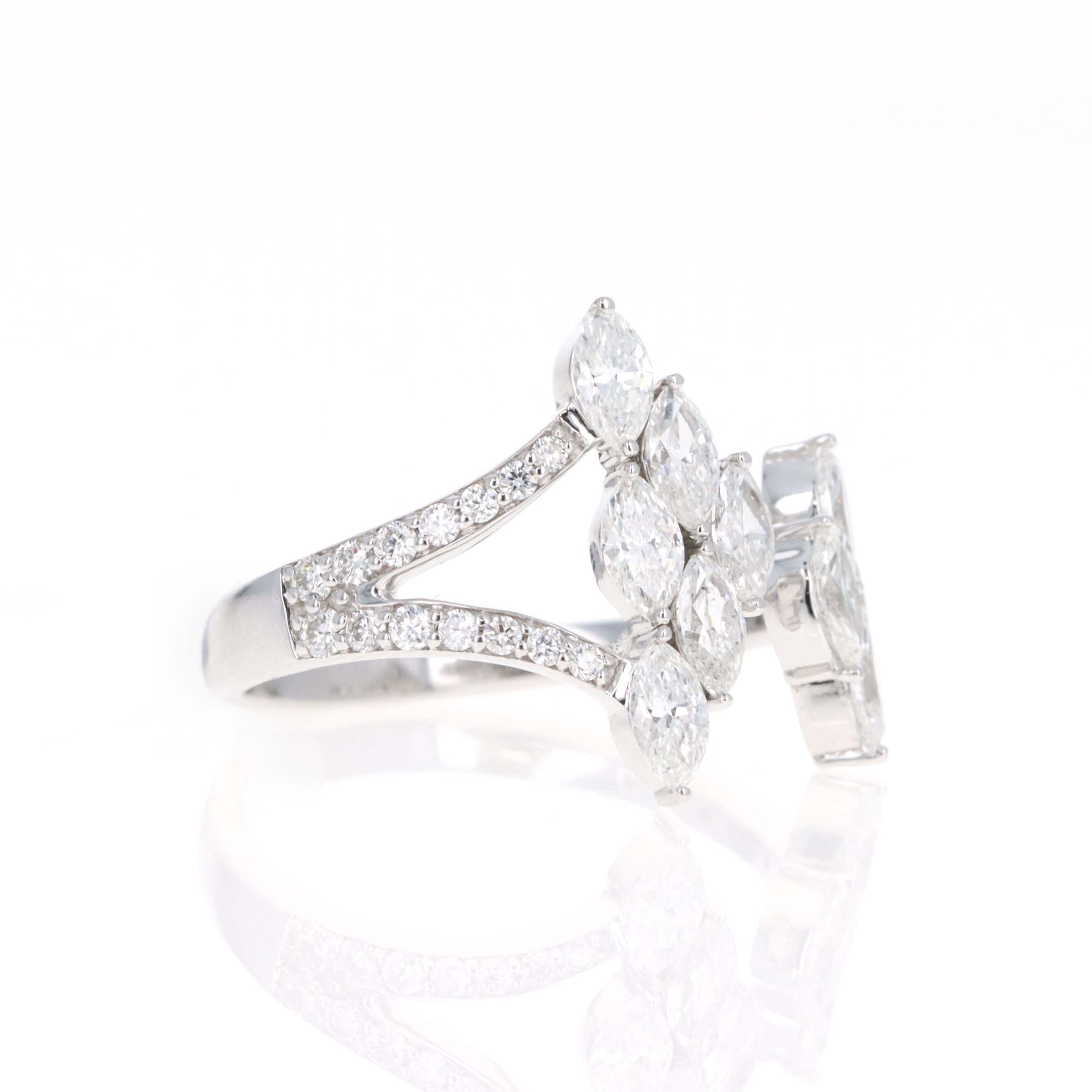14K White Gold 1.65 Carat Marquise Diamond Cluster Open Ring