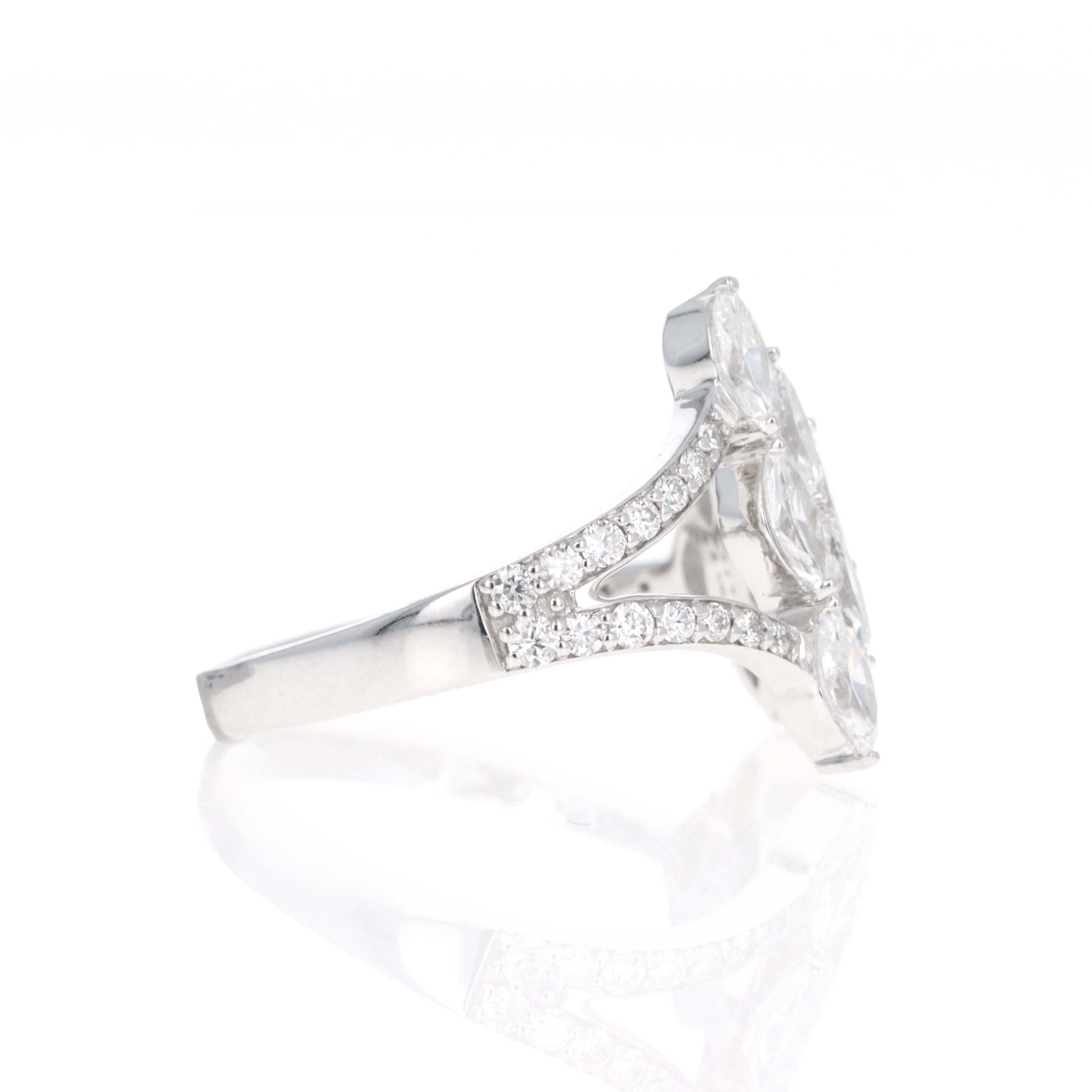 14K White Gold 1.65 Carat Marquise Diamond Cluster Open Ring