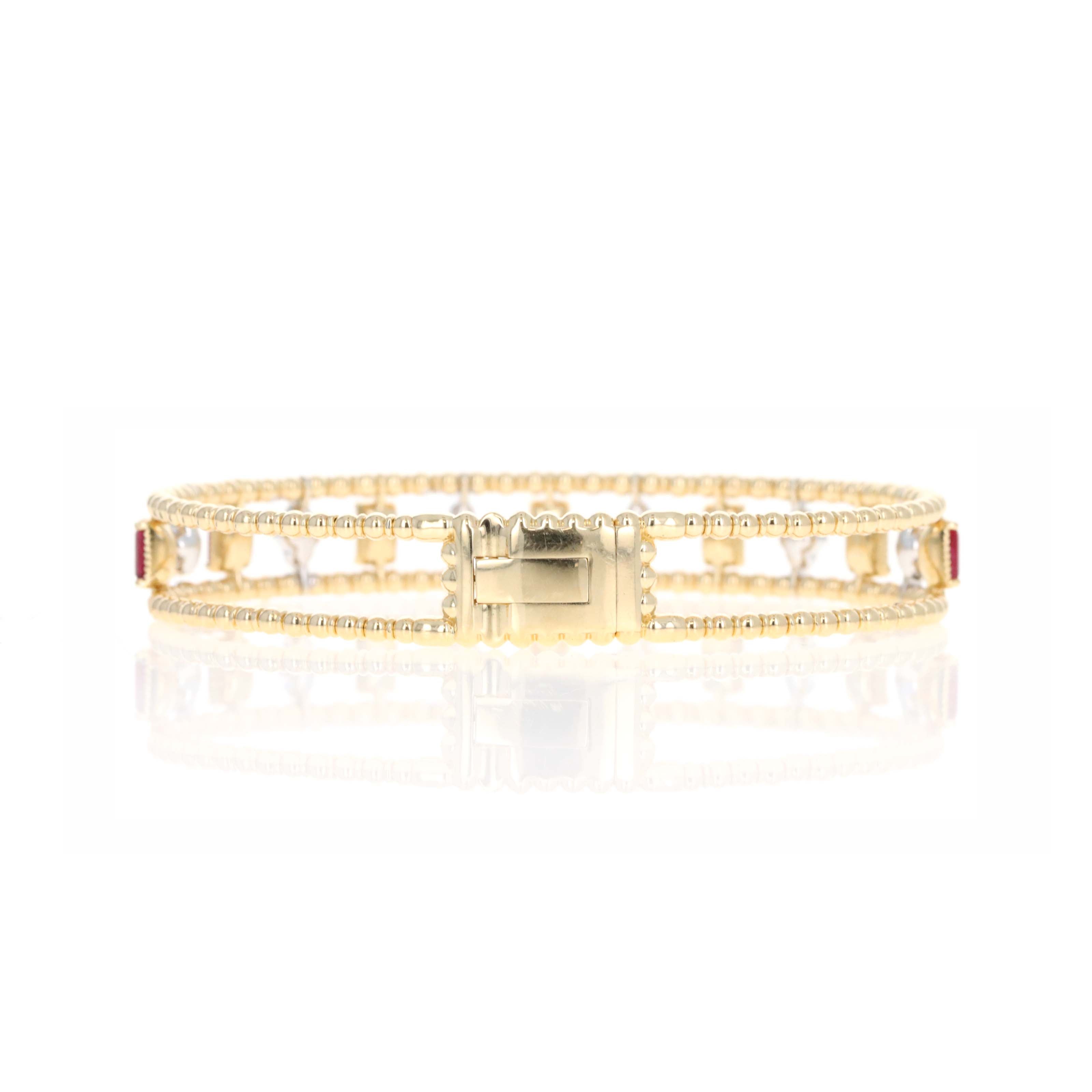 14K Gold 2.39 Carat Ruby Diamond Cluster Beaded Flexible Bangle - Queen May