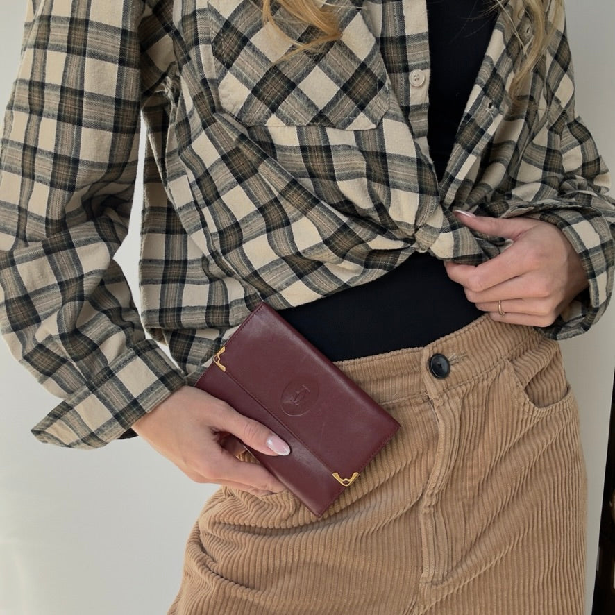 Cartier Paris Logo Kiss Lock Burgundy Tri Fold Wallet - Queen May