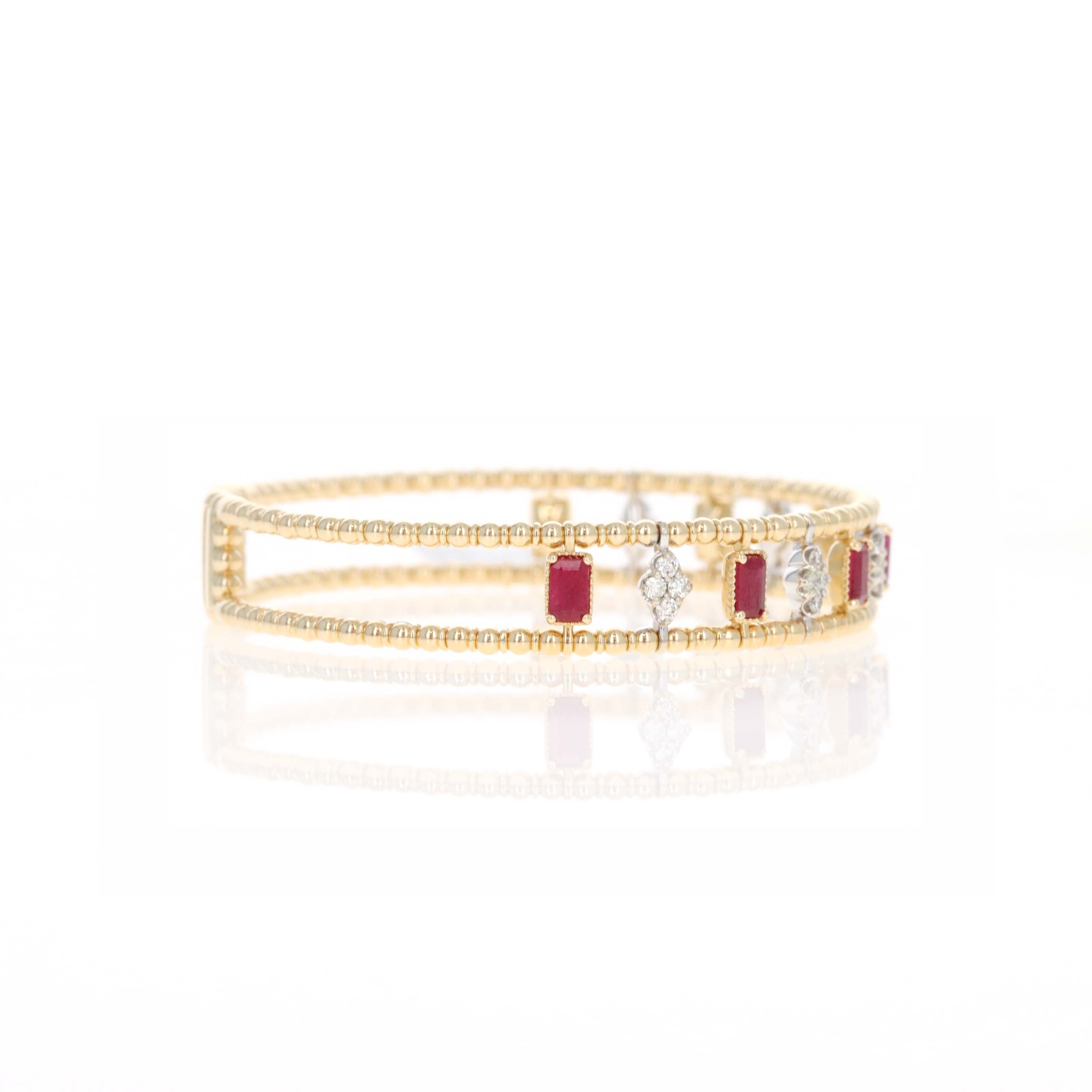 14K Gold 2.39 Carat Ruby Diamond Cluster Beaded Flexible Bangle - Queen May
