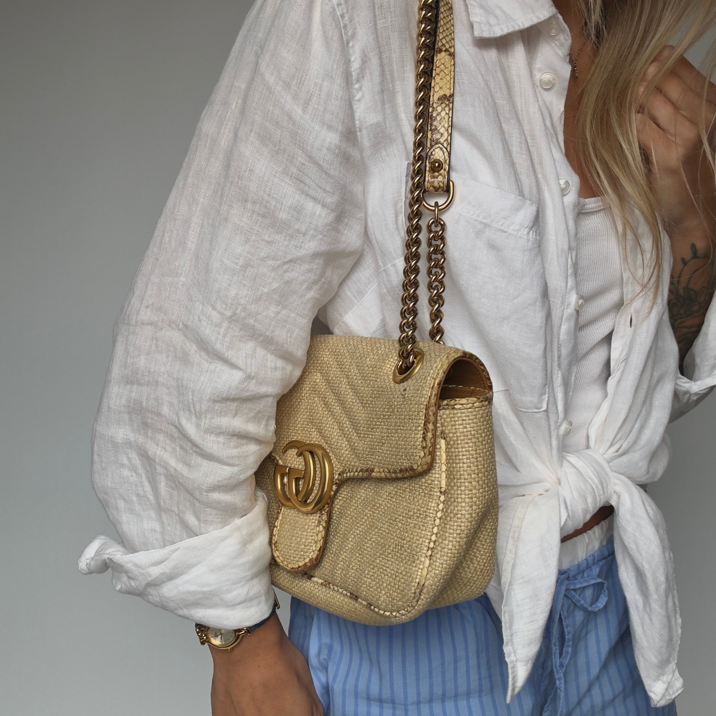 Gucci Raffia Elaphe Matelasse Small GG Shoulder Bag Natural Cream Brown