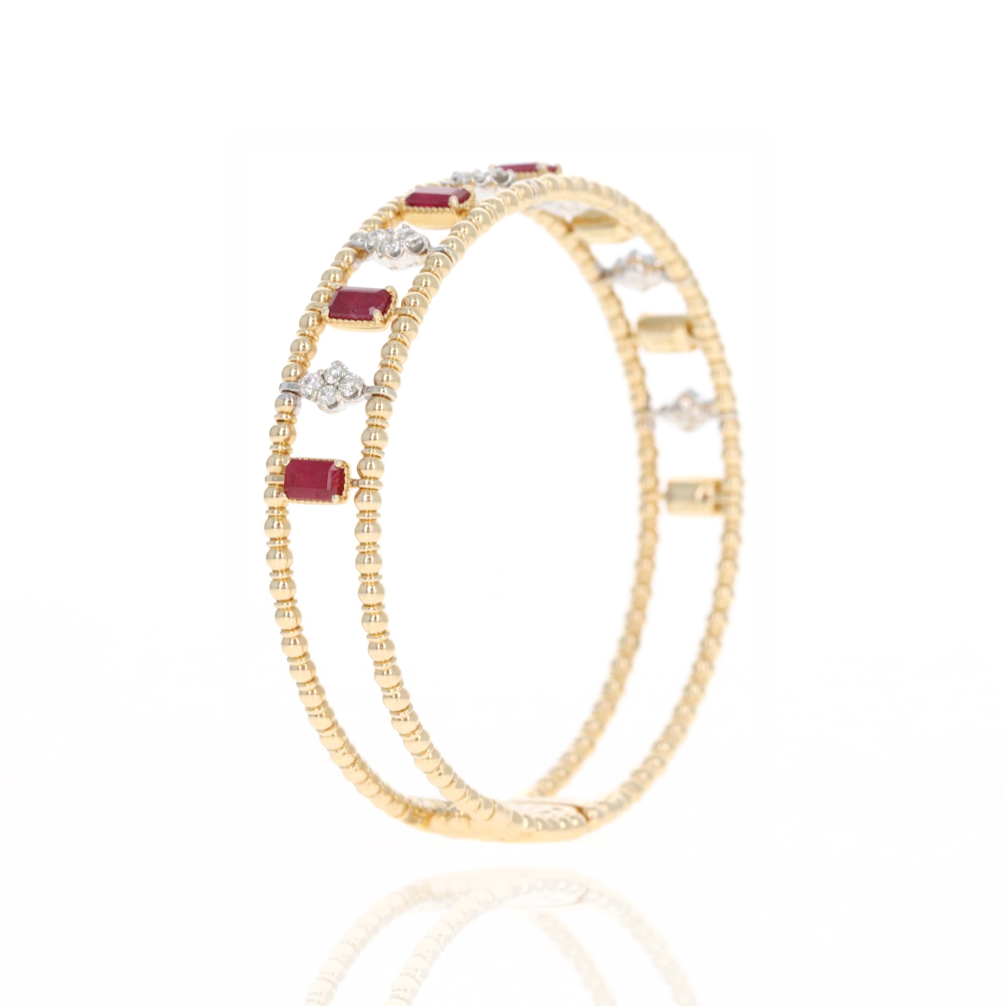 14K Gold 2.39 Carat Ruby Diamond Cluster Beaded Flexible Bangle - Queen May