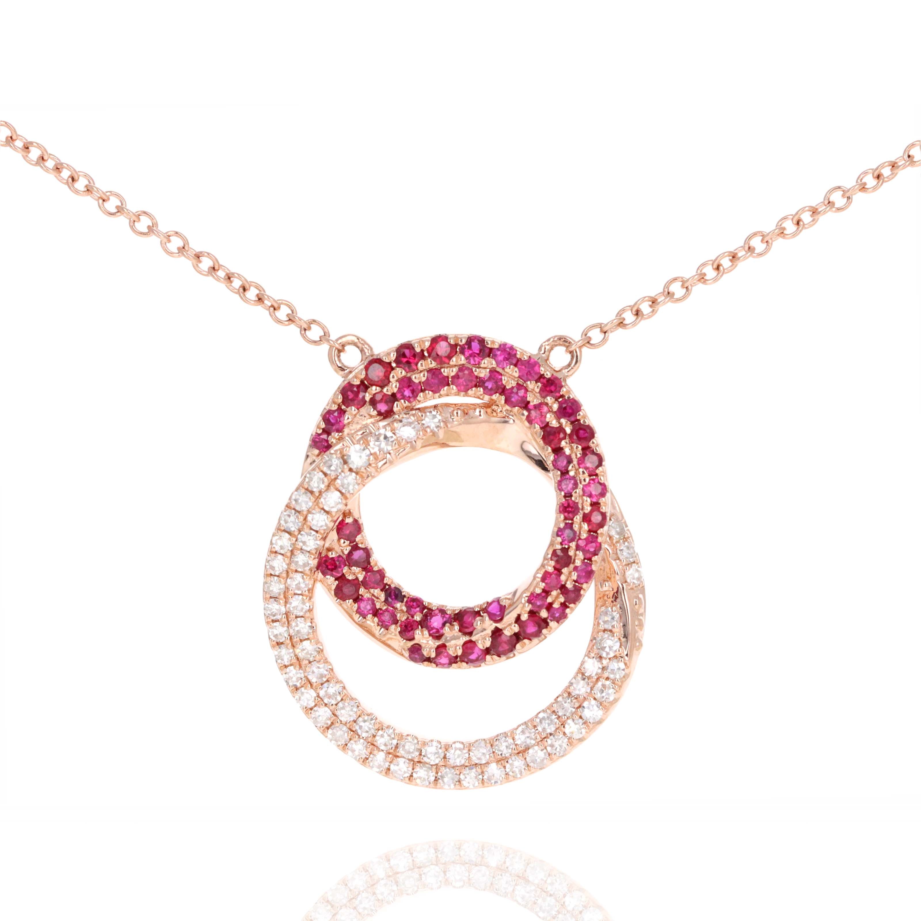 14K Rose Gold Ruby Diamond Interlocking Circle Pendant Necklace