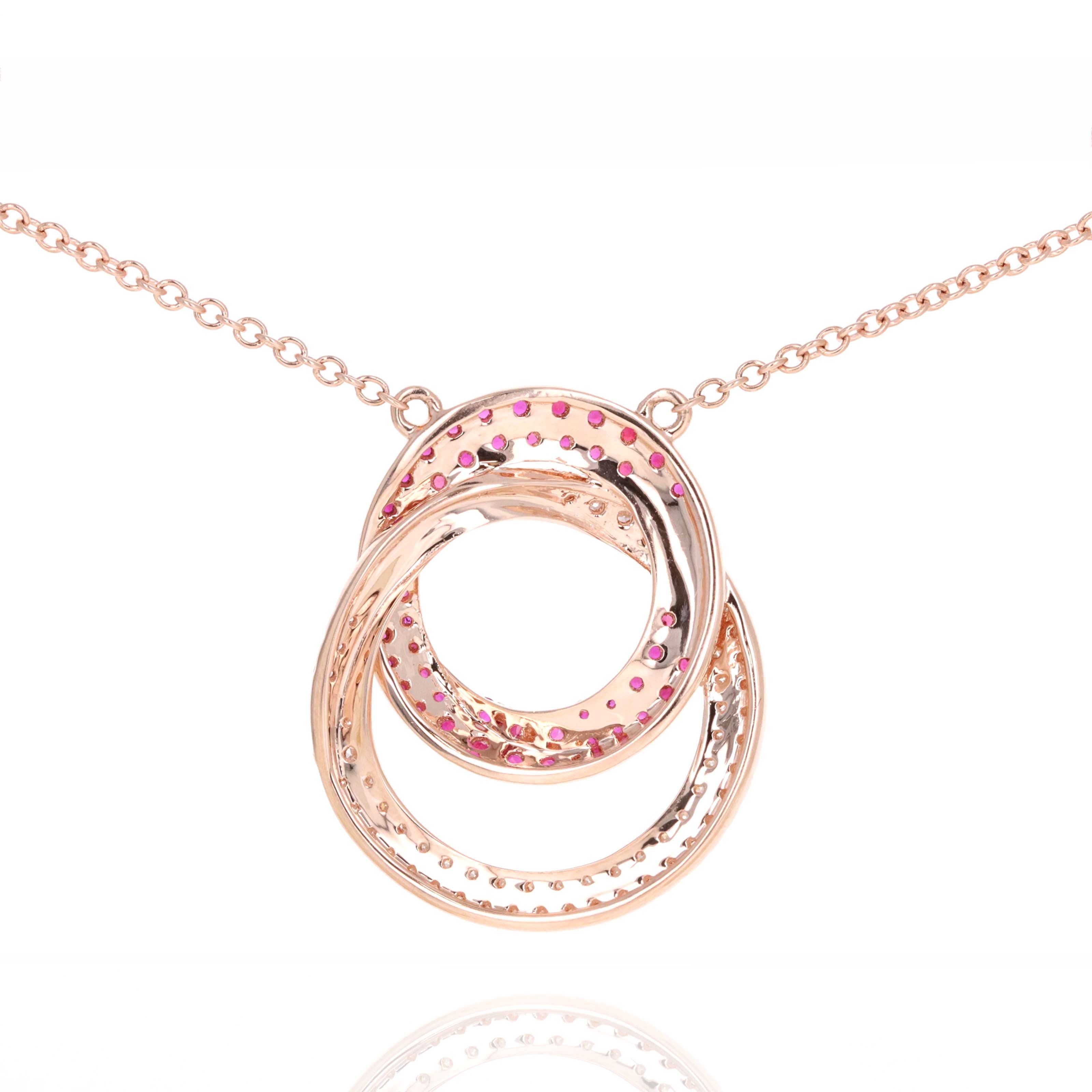 14K Rose Gold Ruby Diamond Interlocking Circle Pendant Necklace - Queen May