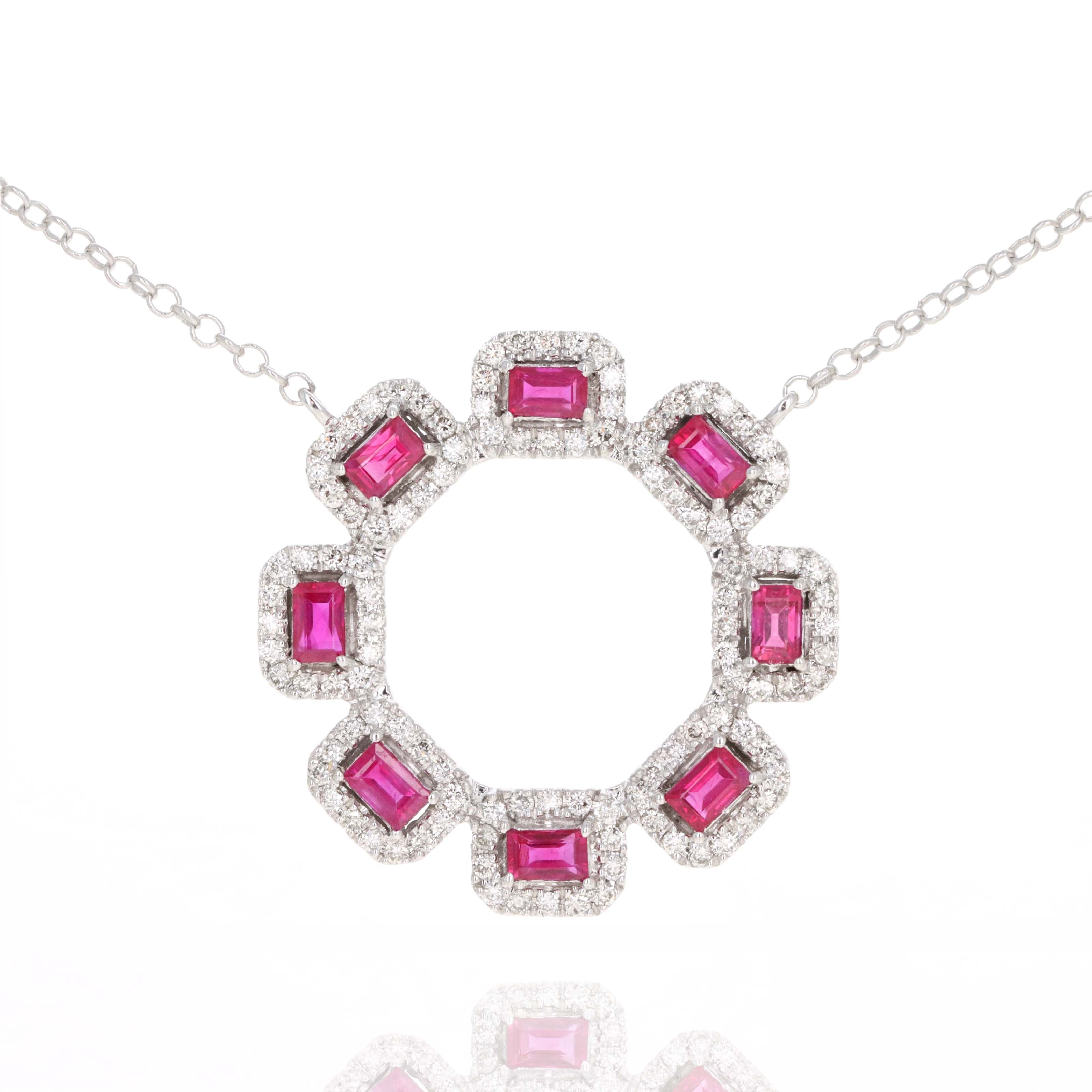 14K White Gold Ruby Baguette Diamond Circle Pendant Necklace