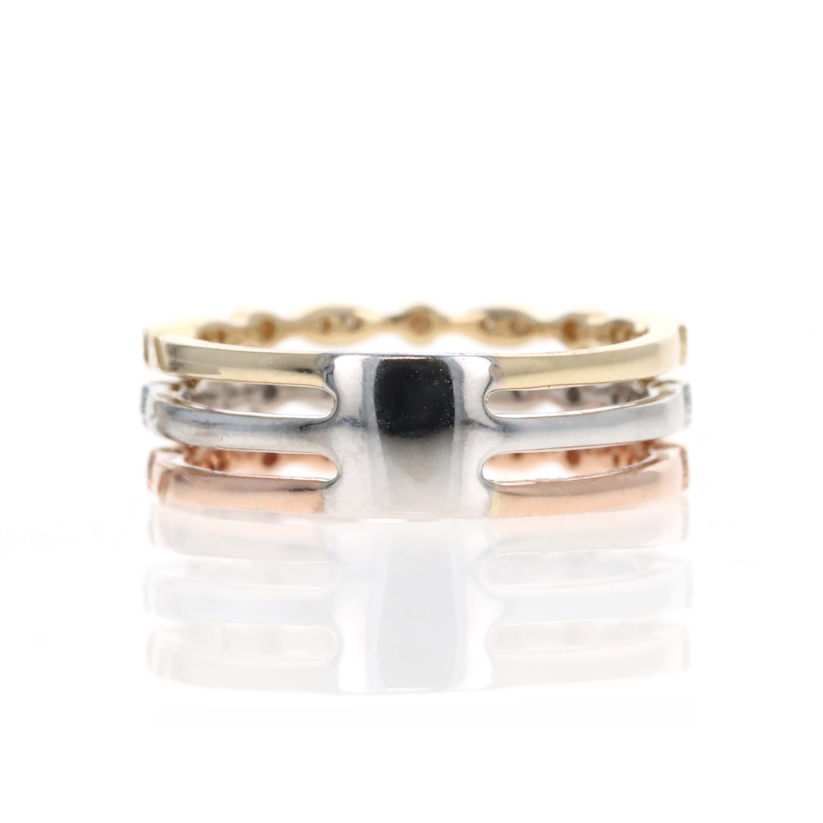 14K Tri Color Gold Diamond Milgrain Triple Band