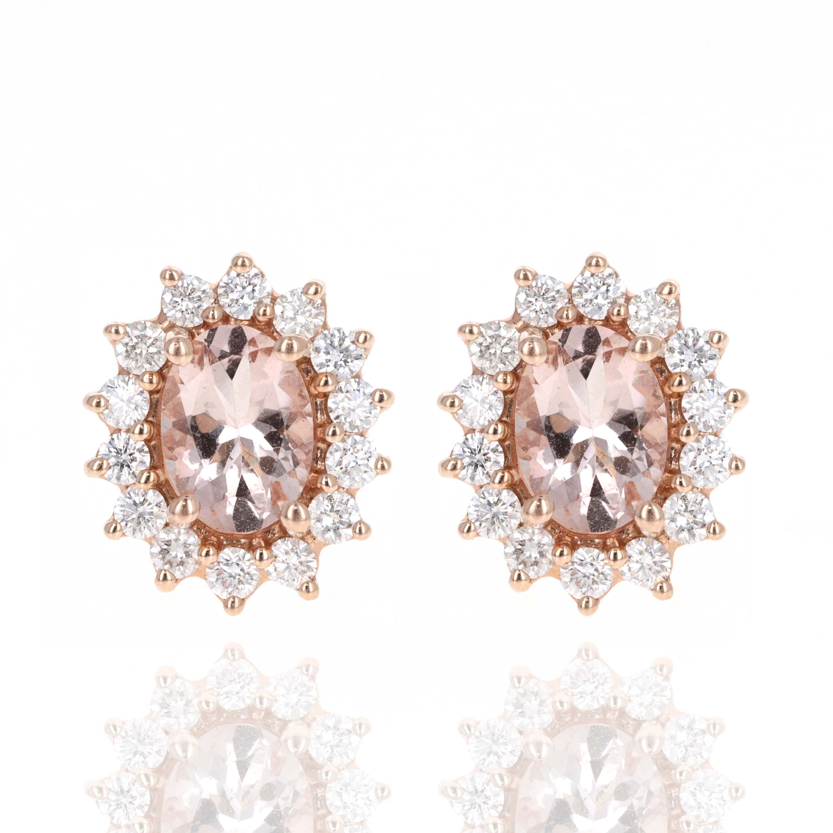 14K Rose Gold Oval Morganite Diamond Halo Stud Earrings