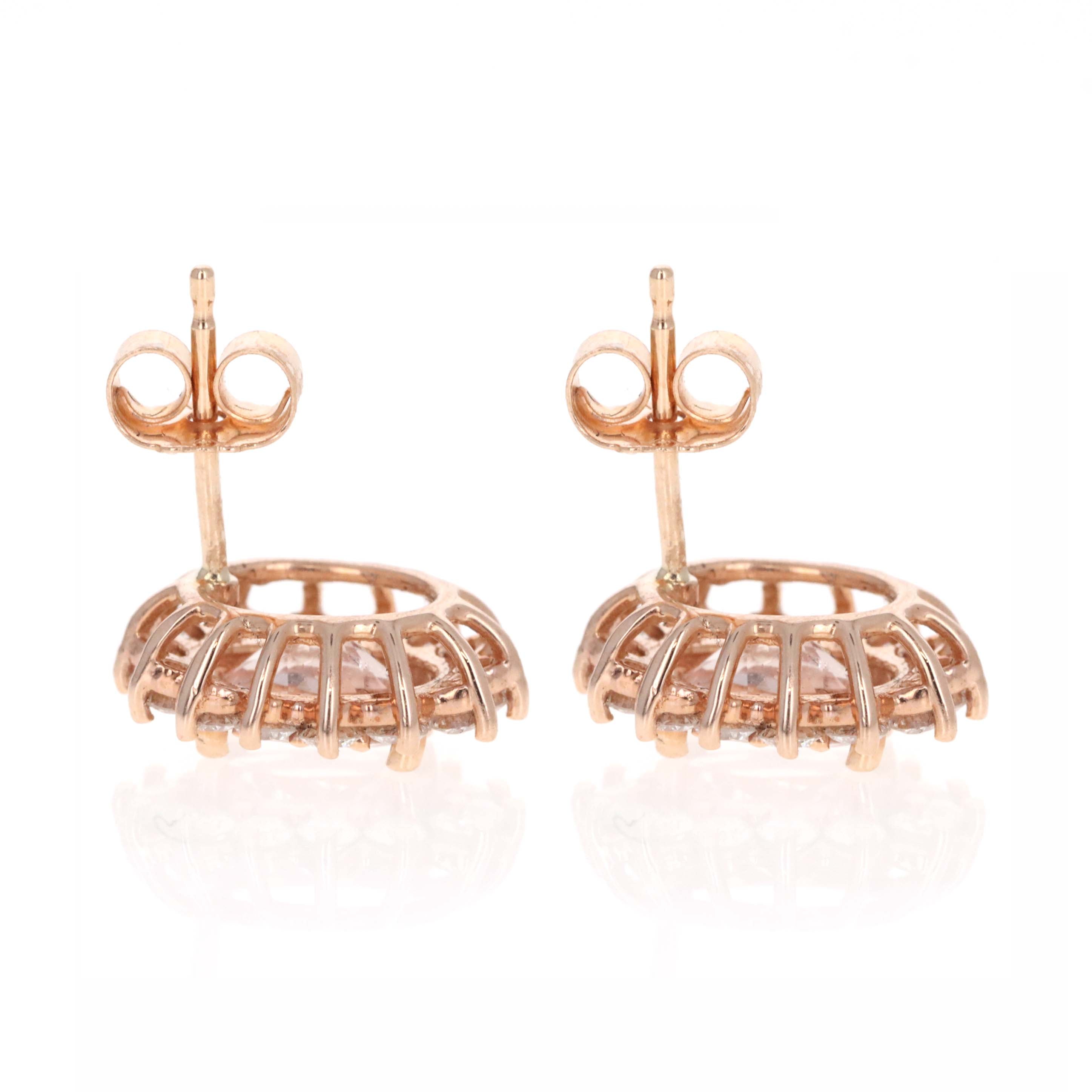14K Rose Gold Oval Morganite Diamond Halo Stud Earrings - Queen May