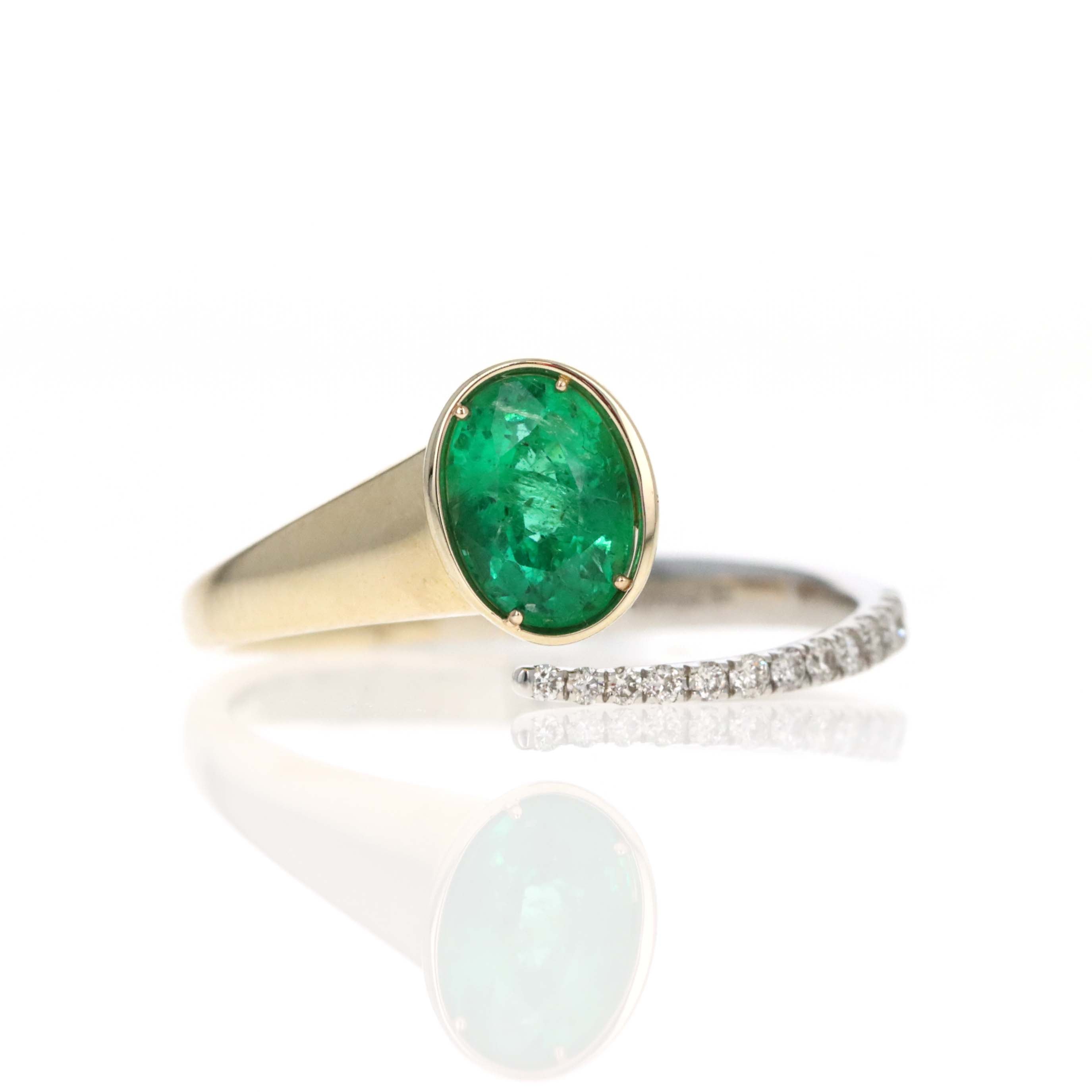 14K Yellow Gold 0.64 Carat Oval Emerald Diamond Open Wrap Ring