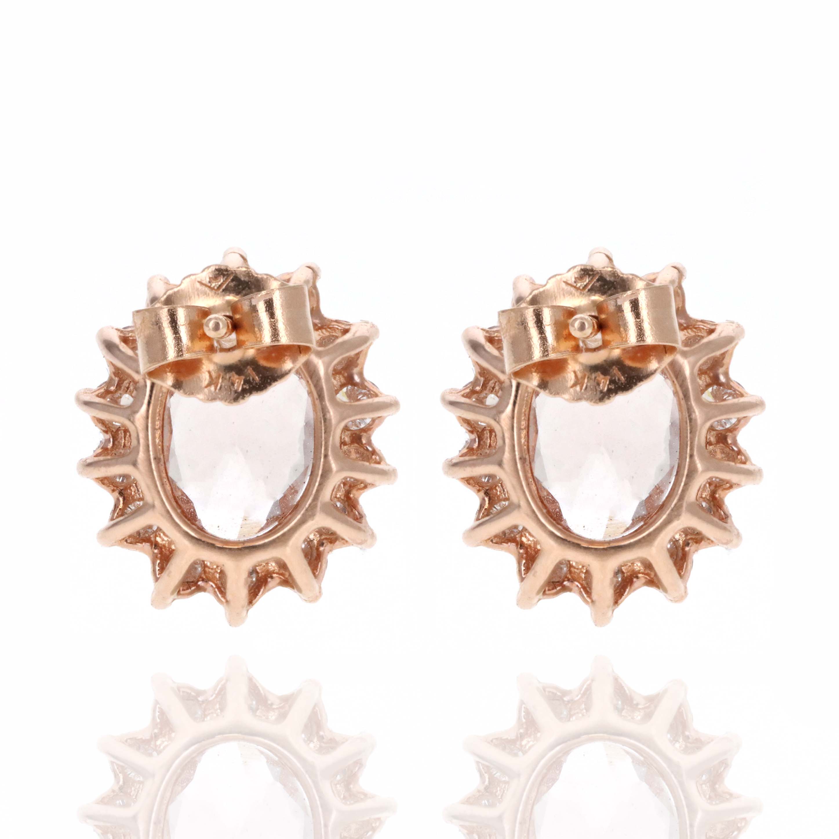 14K Rose Gold Oval Morganite Diamond Halo Stud Earrings - Queen May
