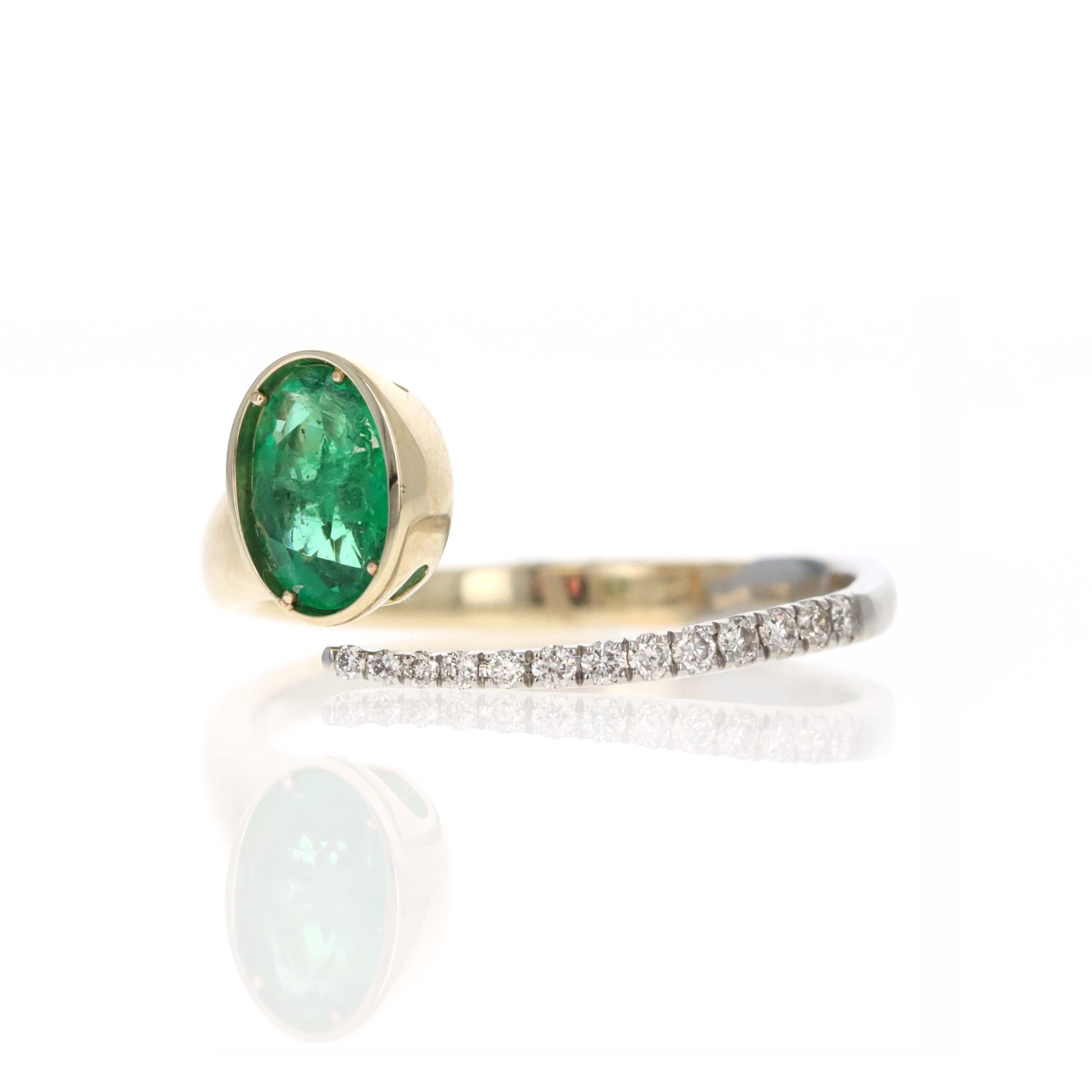 14K Yellow Gold 0.64 Carat Oval Emerald Diamond Open Wrap Ring - Queen May