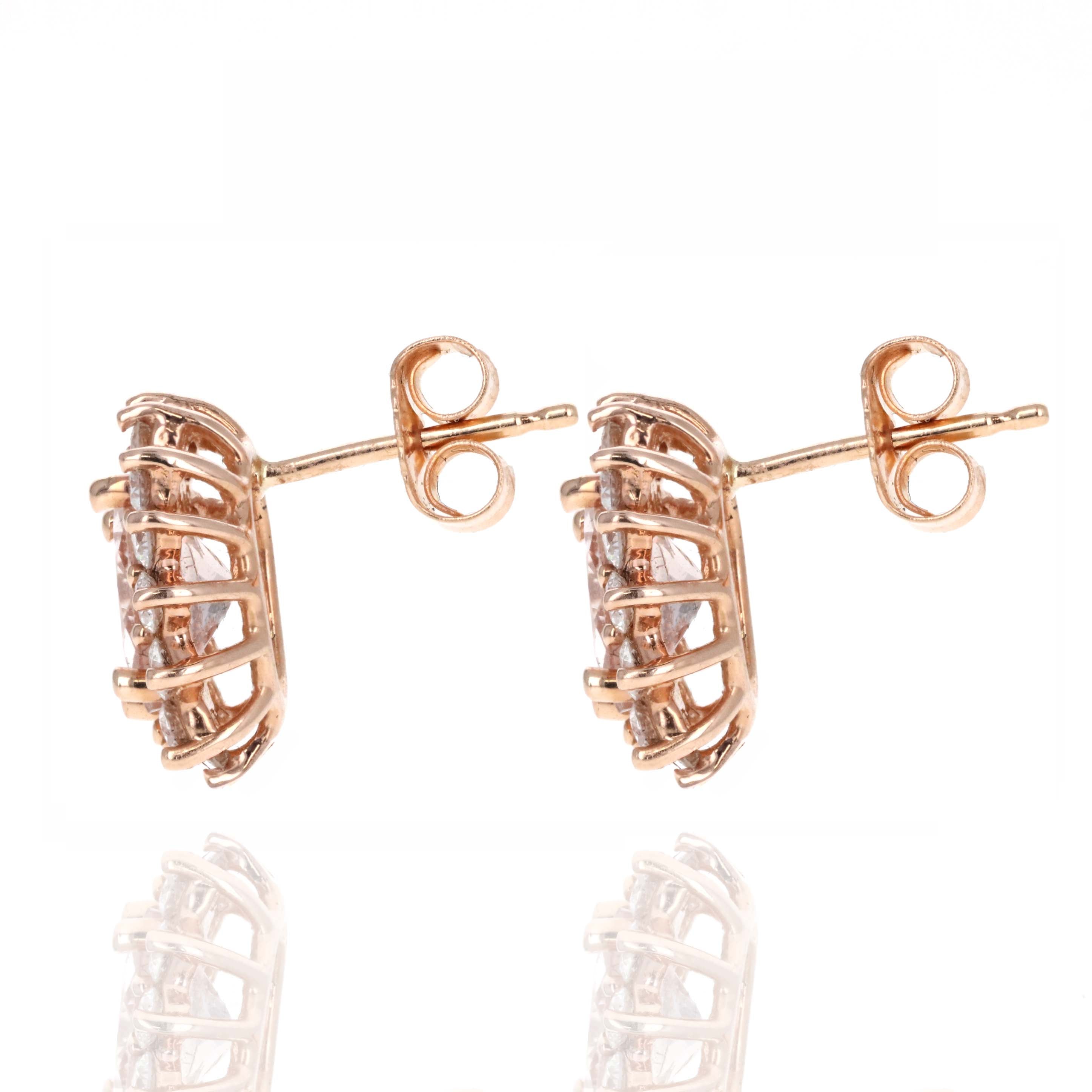 14K Rose Gold Oval Morganite Diamond Halo Stud Earrings - Queen May
