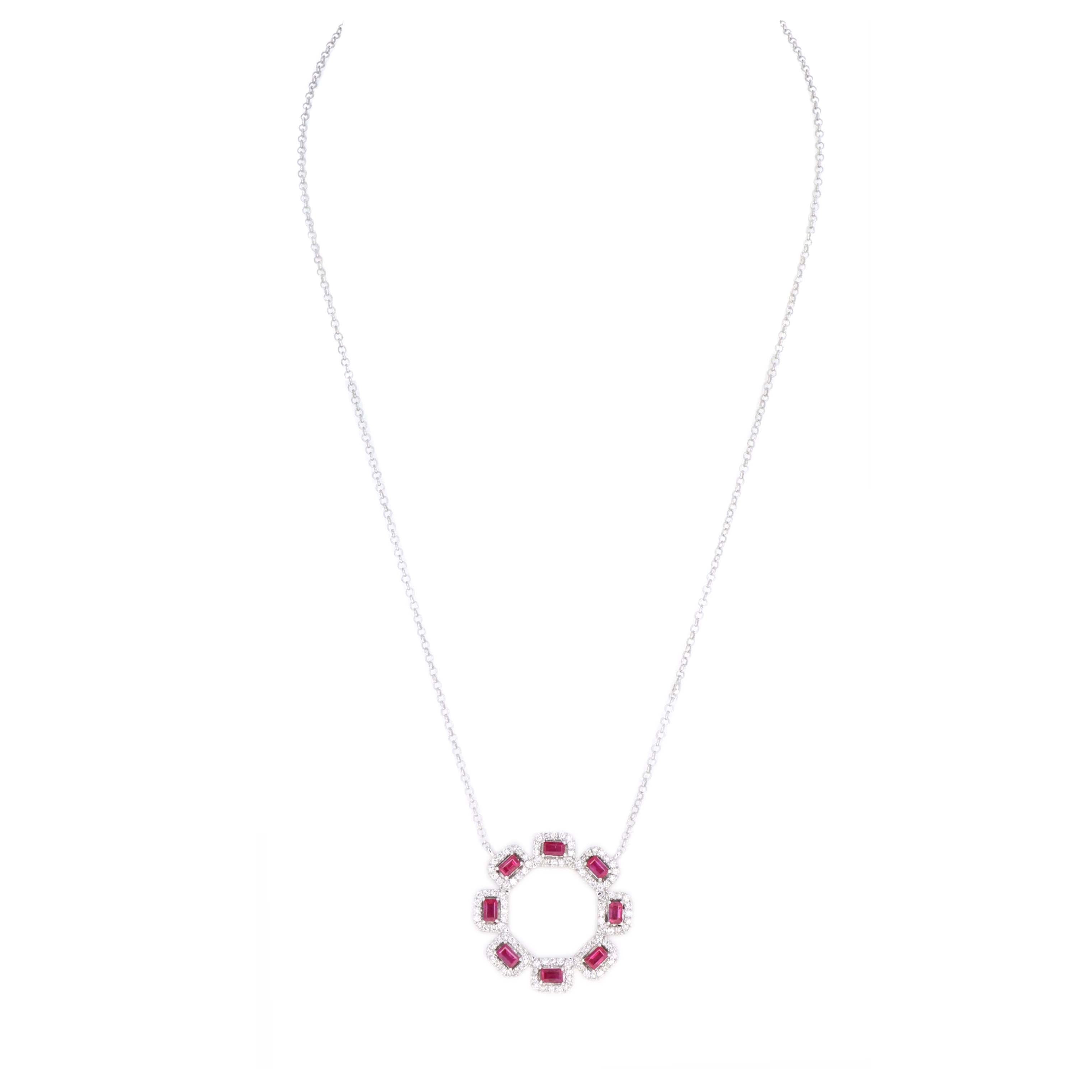 14K White Gold Ruby Baguette Diamond Circle Pendant Necklace - Queen May