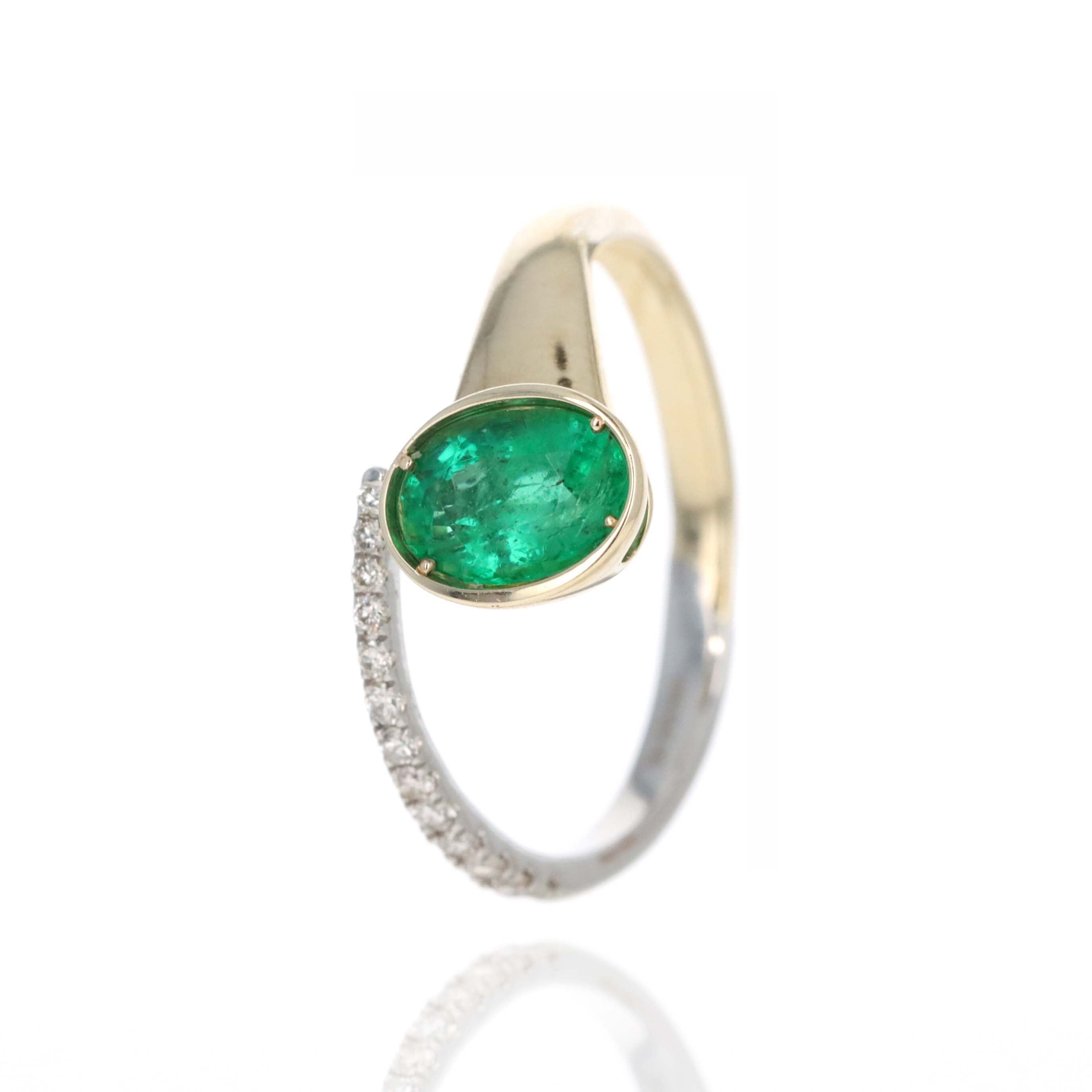 14K Yellow Gold 0.64 Carat Oval Emerald Diamond Open Wrap Ring - Queen May