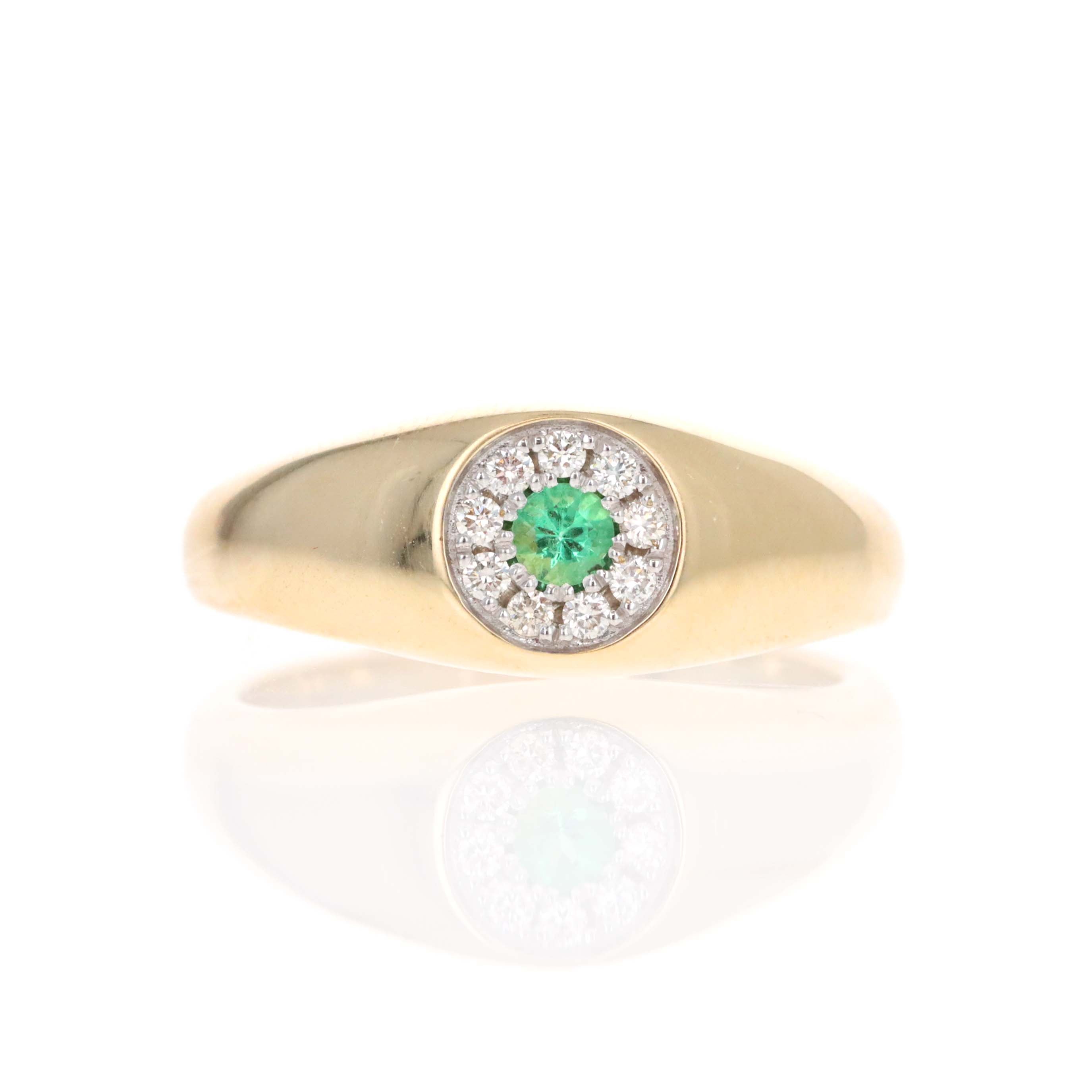 14K Yellow Gold Round Emerald Diamond Halo Signet Ring