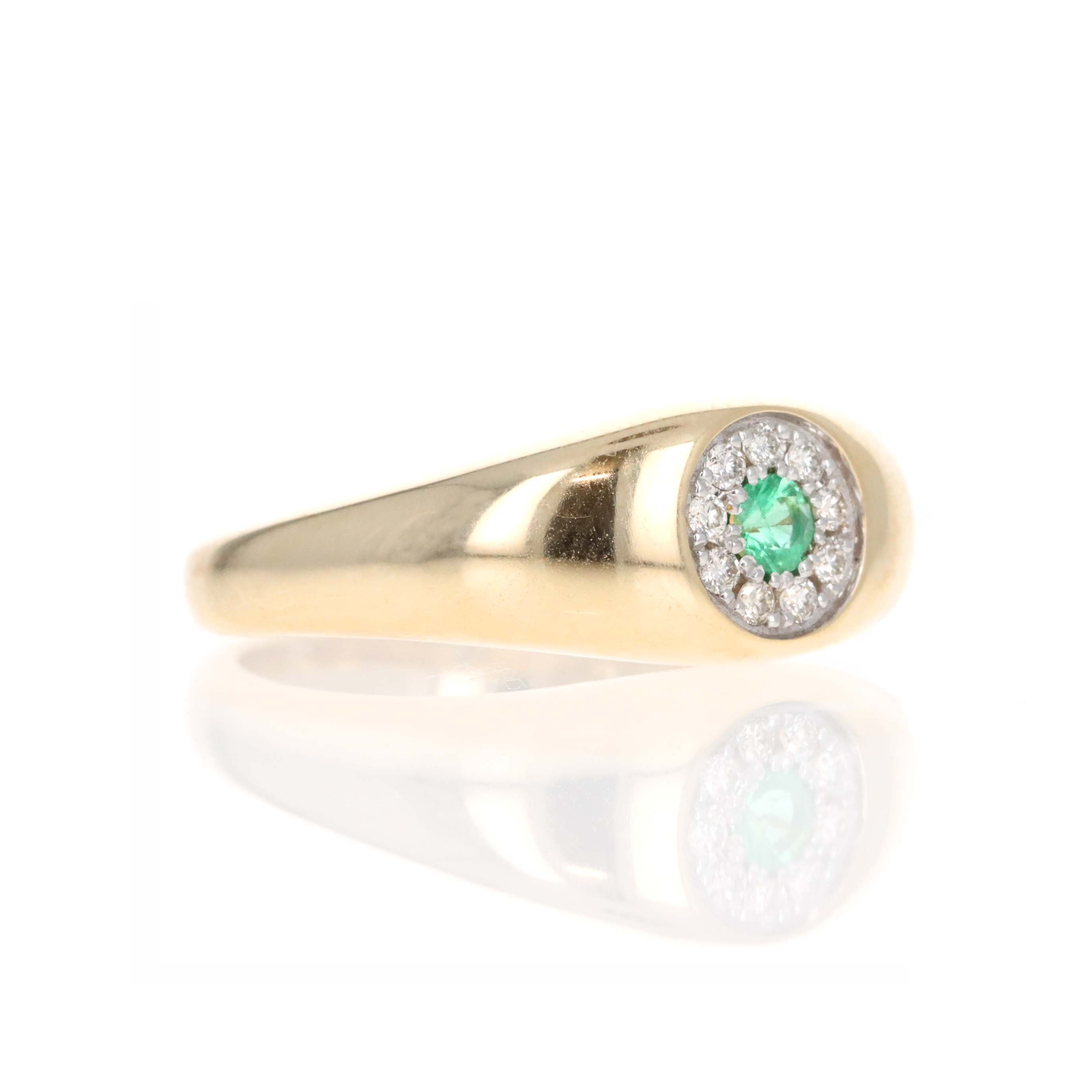 14K Yellow Gold Round Emerald Diamond Halo Signet Ring - Queen May