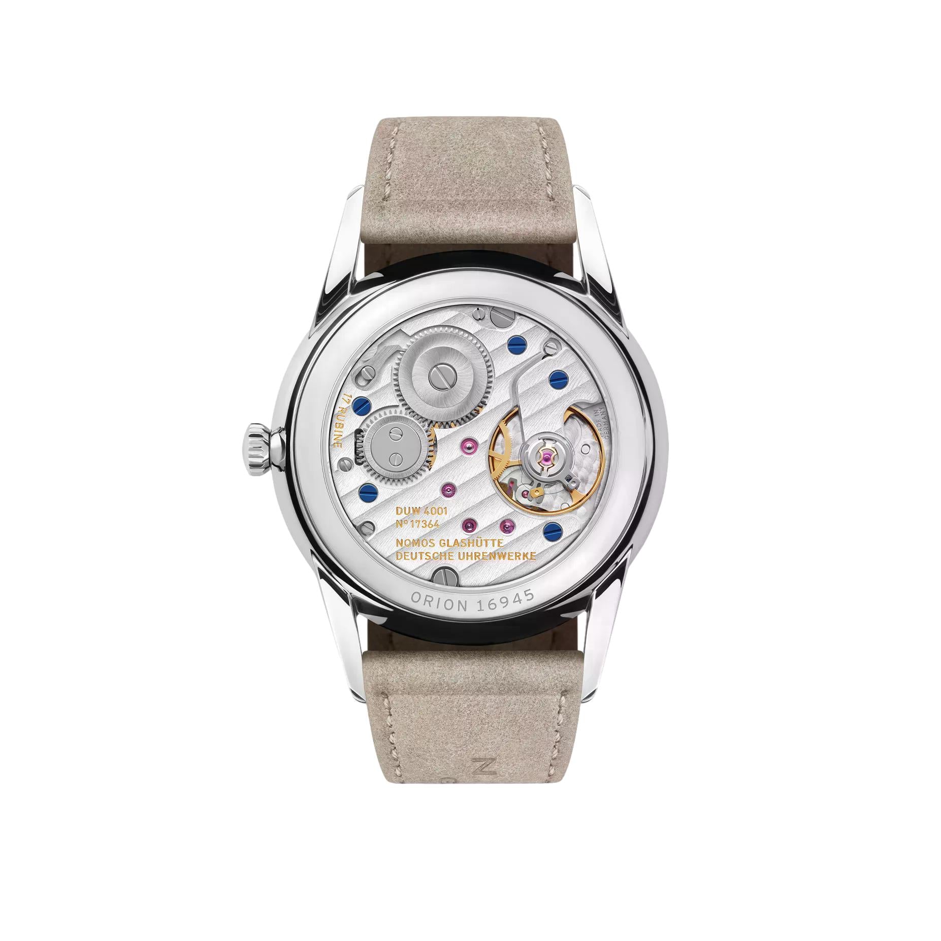 Nomos Glashütte Orion 33 Rose Sapphire Crystal Back - Queen May