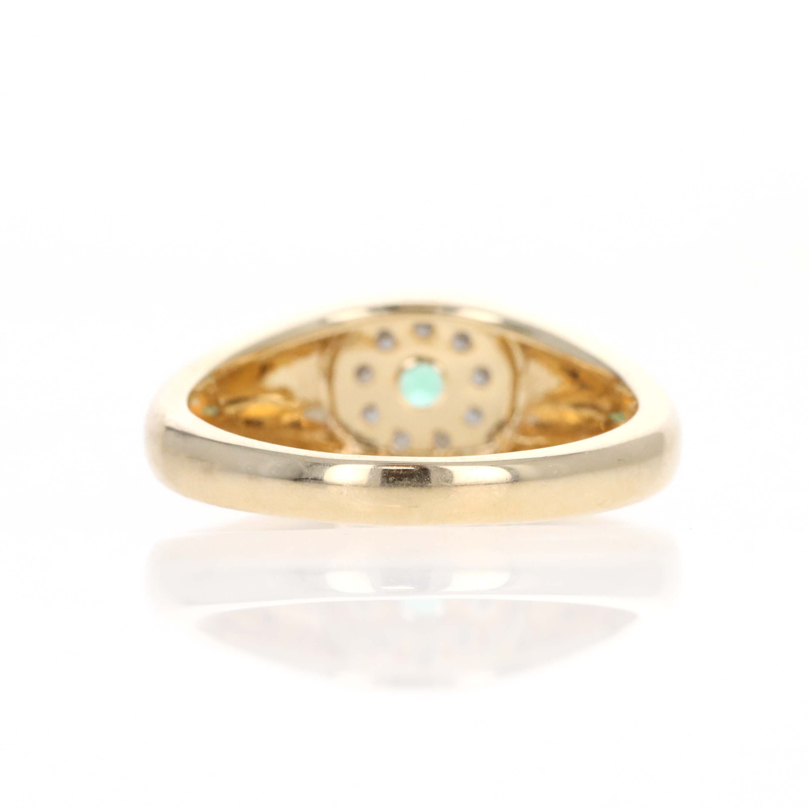 14K Yellow Gold Round Emerald Diamond Halo Signet Ring - Queen May