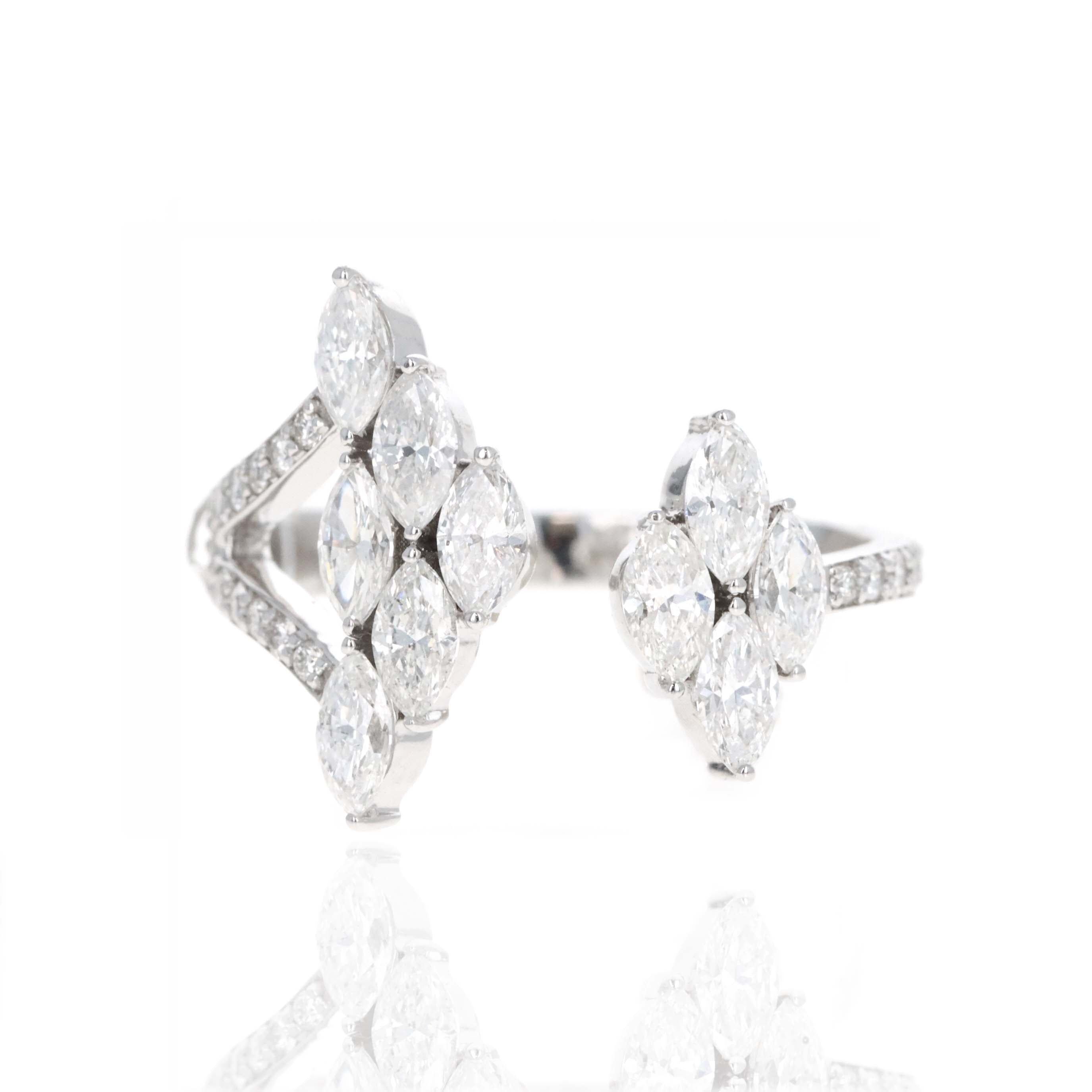 14K White Gold 1.65 Carat Marquise Diamond Cluster Open Ring