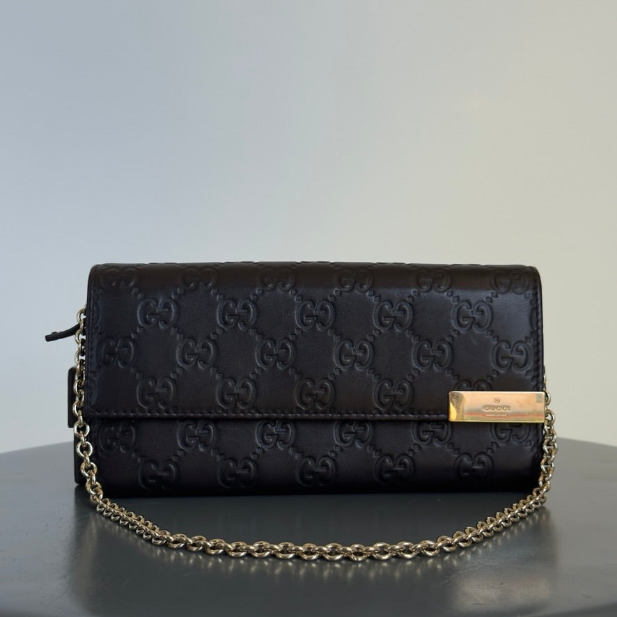 Gucci Brown Guccissima Leather Wallet Chain Clutch Bag - Queen May