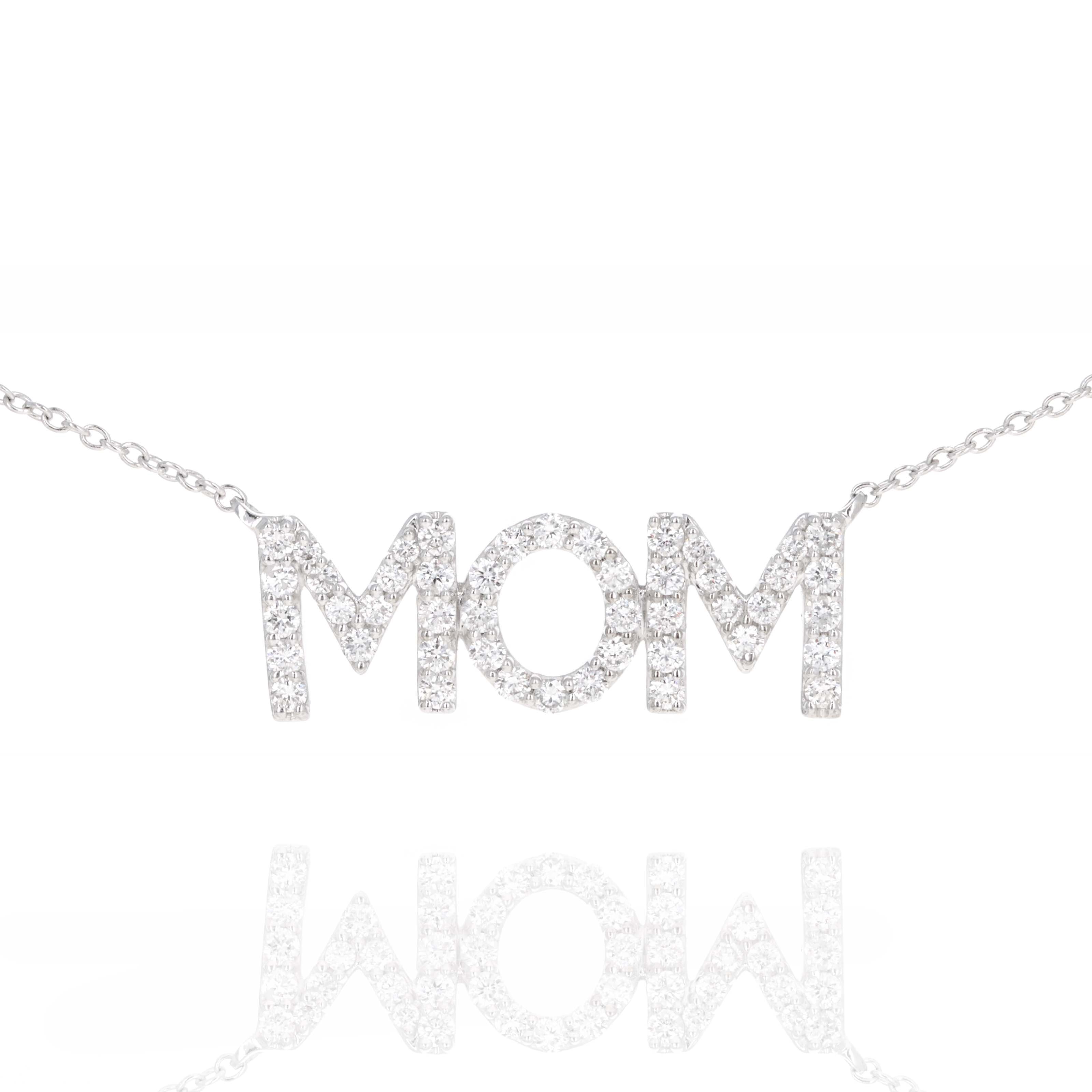 14K White Gold Diamond Mom Pendant Necklace