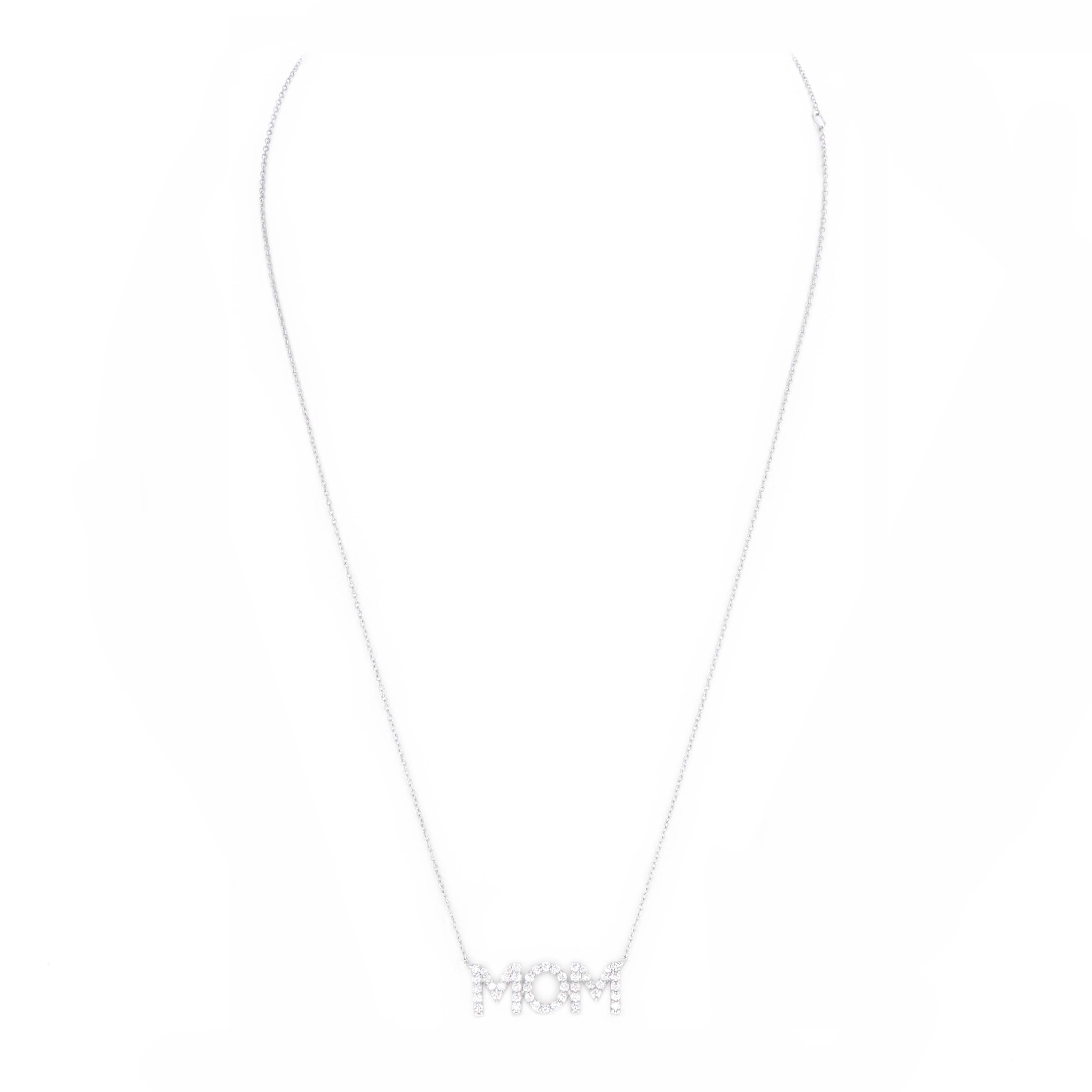 14K White Gold Diamond Mom Pendant Necklace