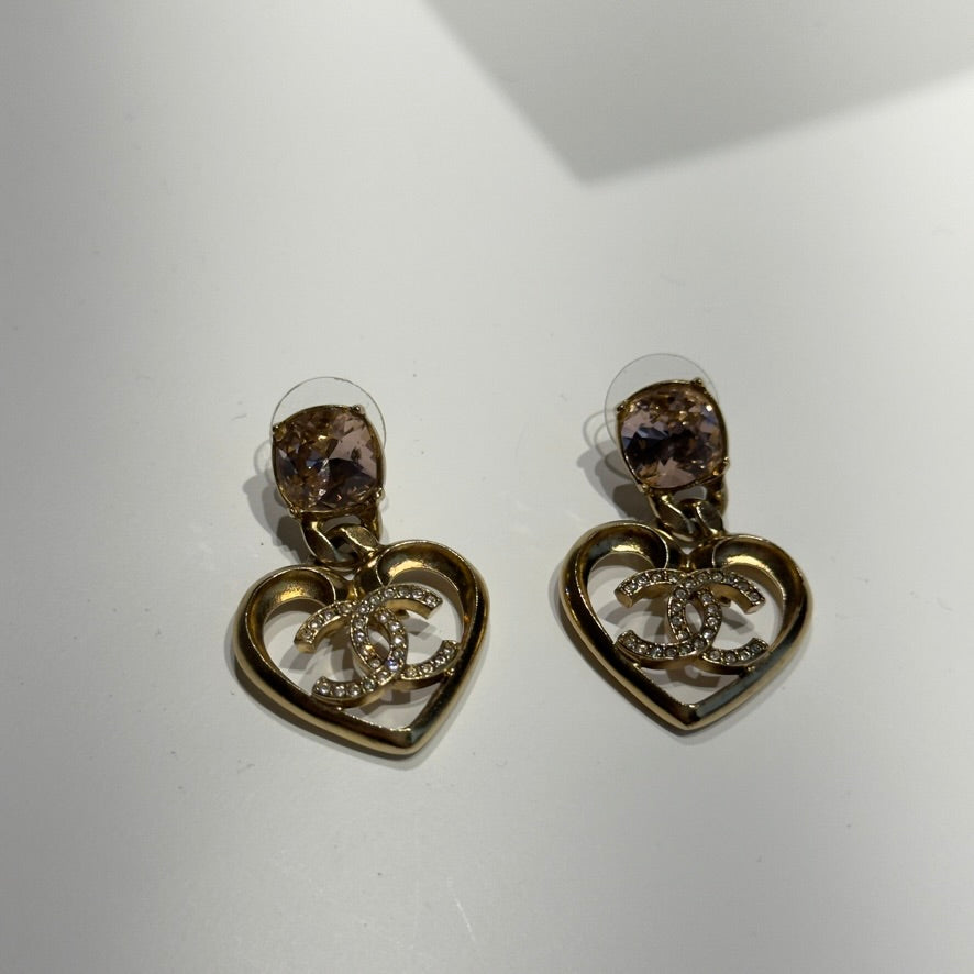 Chanel Pink and Clear Strass Heart Gold Metal Earrings 2023 - Queen May