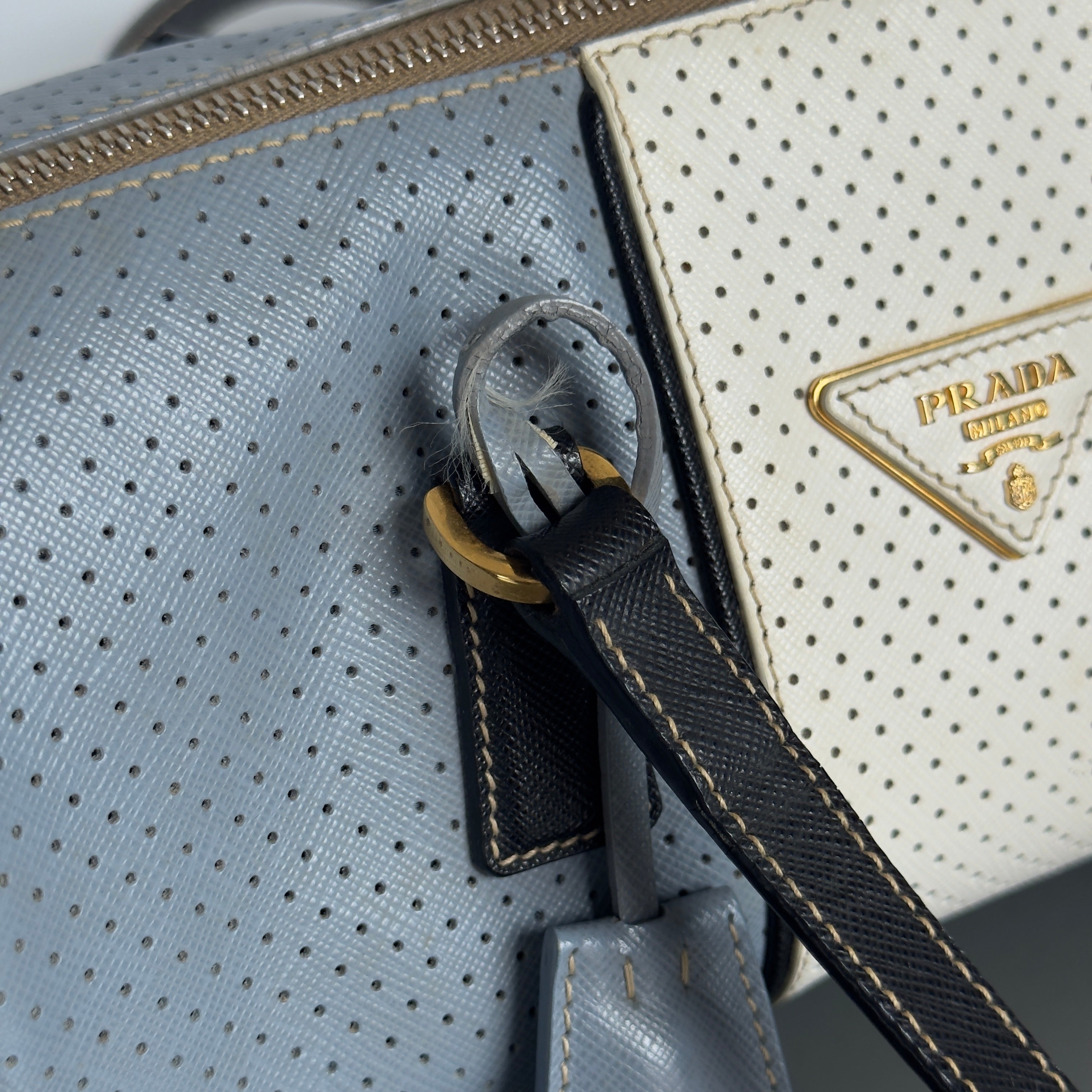 Prada Perforated Saffiano Lux Bauletto Bag Light Blue