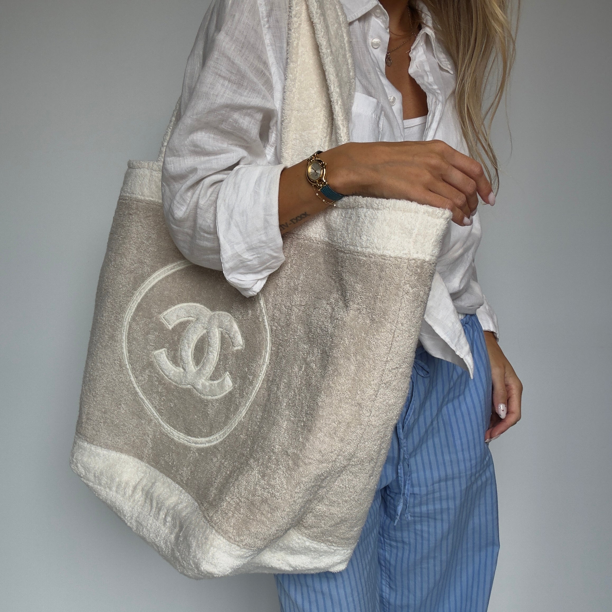 Chanel Terry Cotton CC Beach Tote Towel Bag With Pouch