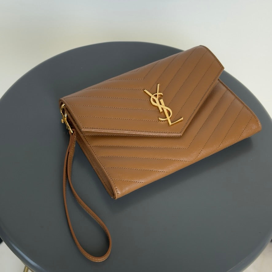 Saint Laurent Quilted Clutch Dark Natural Gold - Queen May