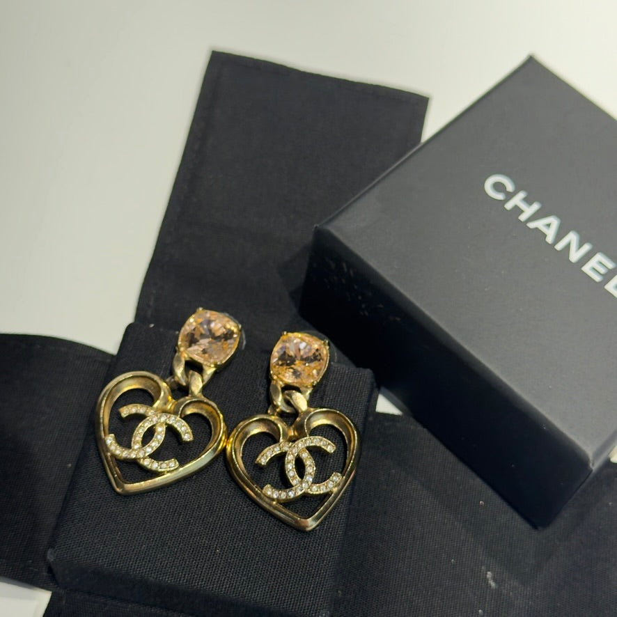 Chanel Pink and Clear Strass Heart Gold Metal Earrings 2023 - Queen May