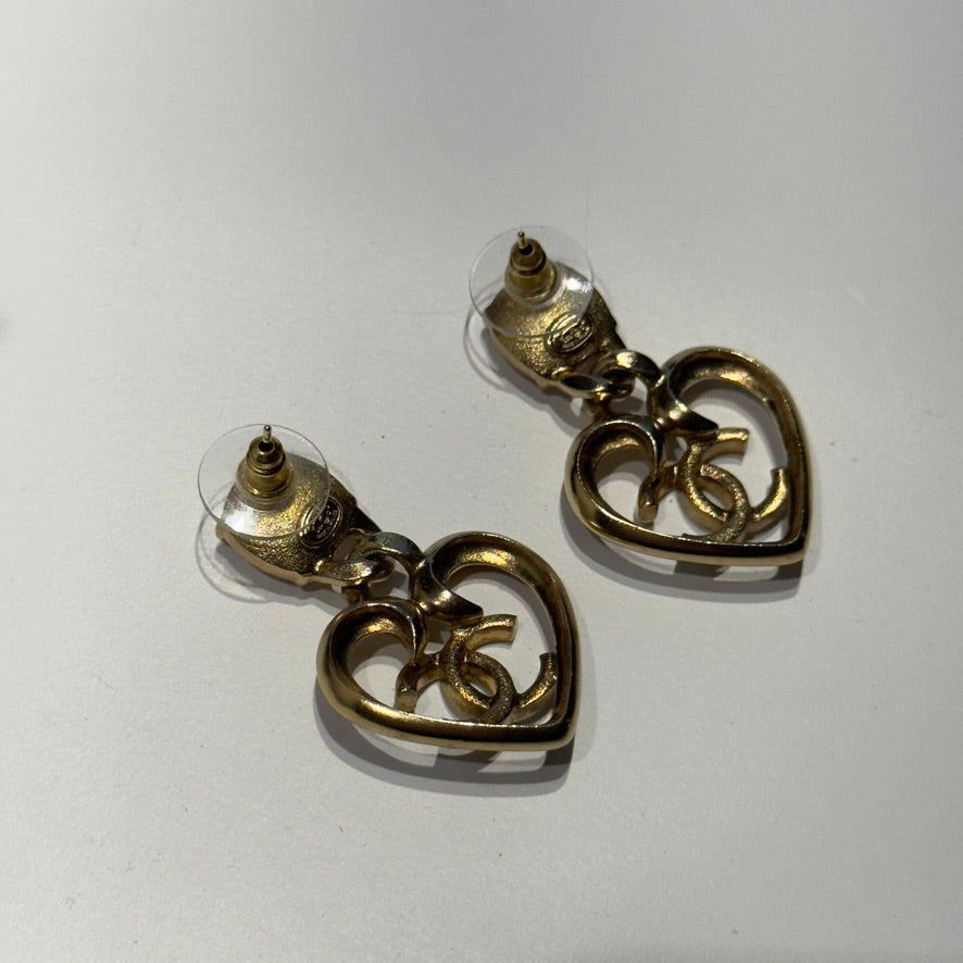Chanel Pink and Clear Strass Heart Gold Metal Earrings 2023 - Queen May