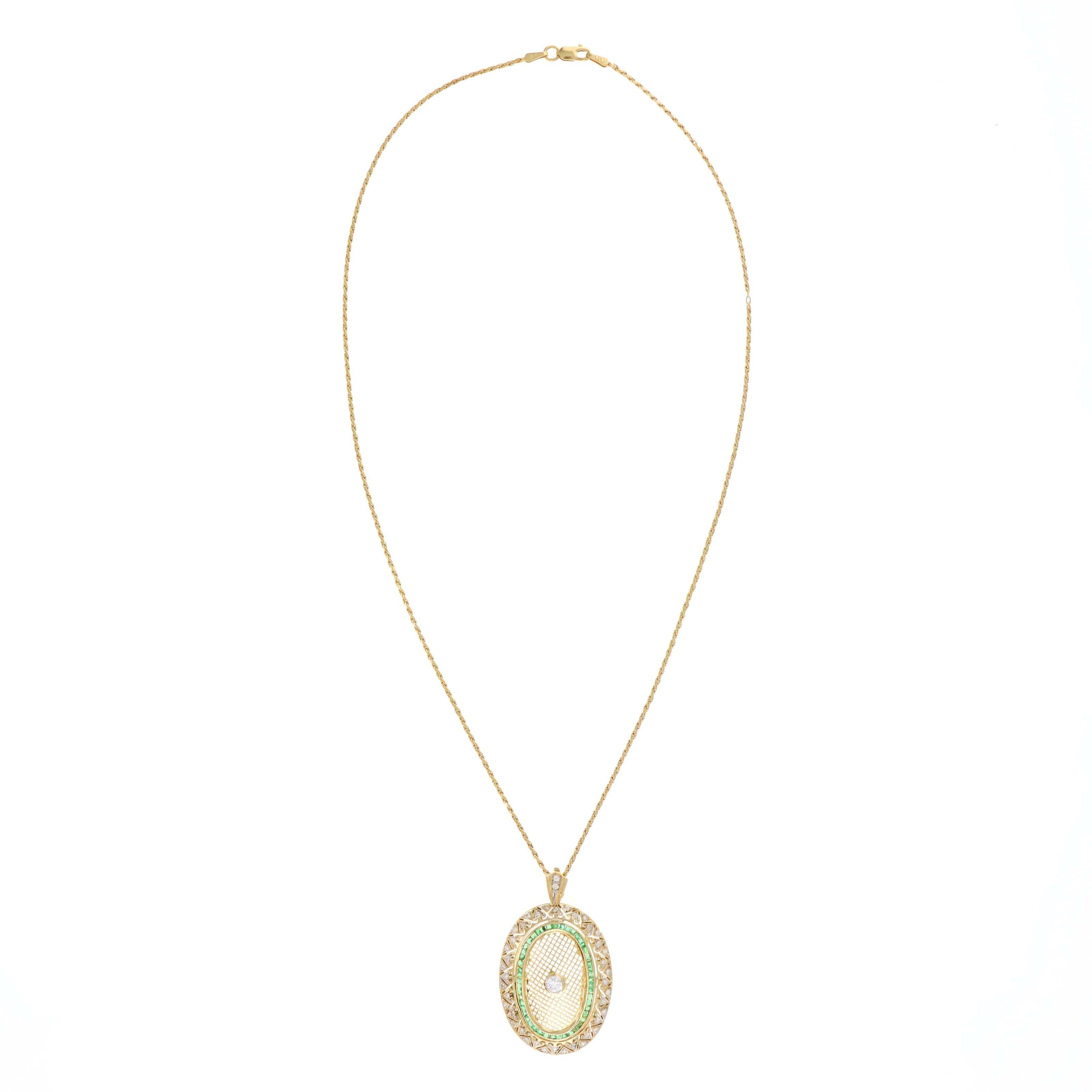 Victorian 14K Yellow Gold Diamond Emerald Brooch Pendant Necklace - Queen May
