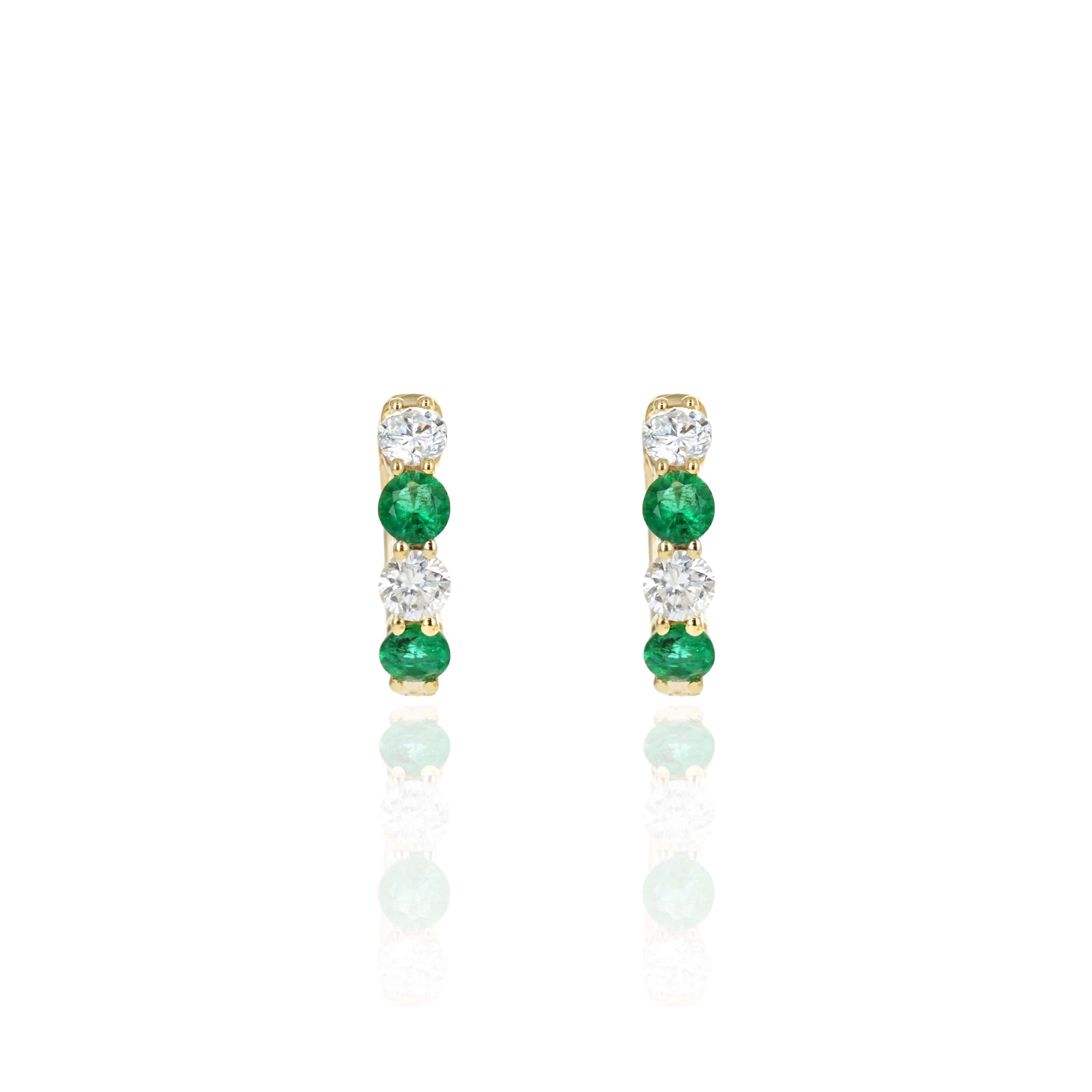 14K Yellow Gold Diamond & Emerald Huggie Hoop Earrings - Queen May