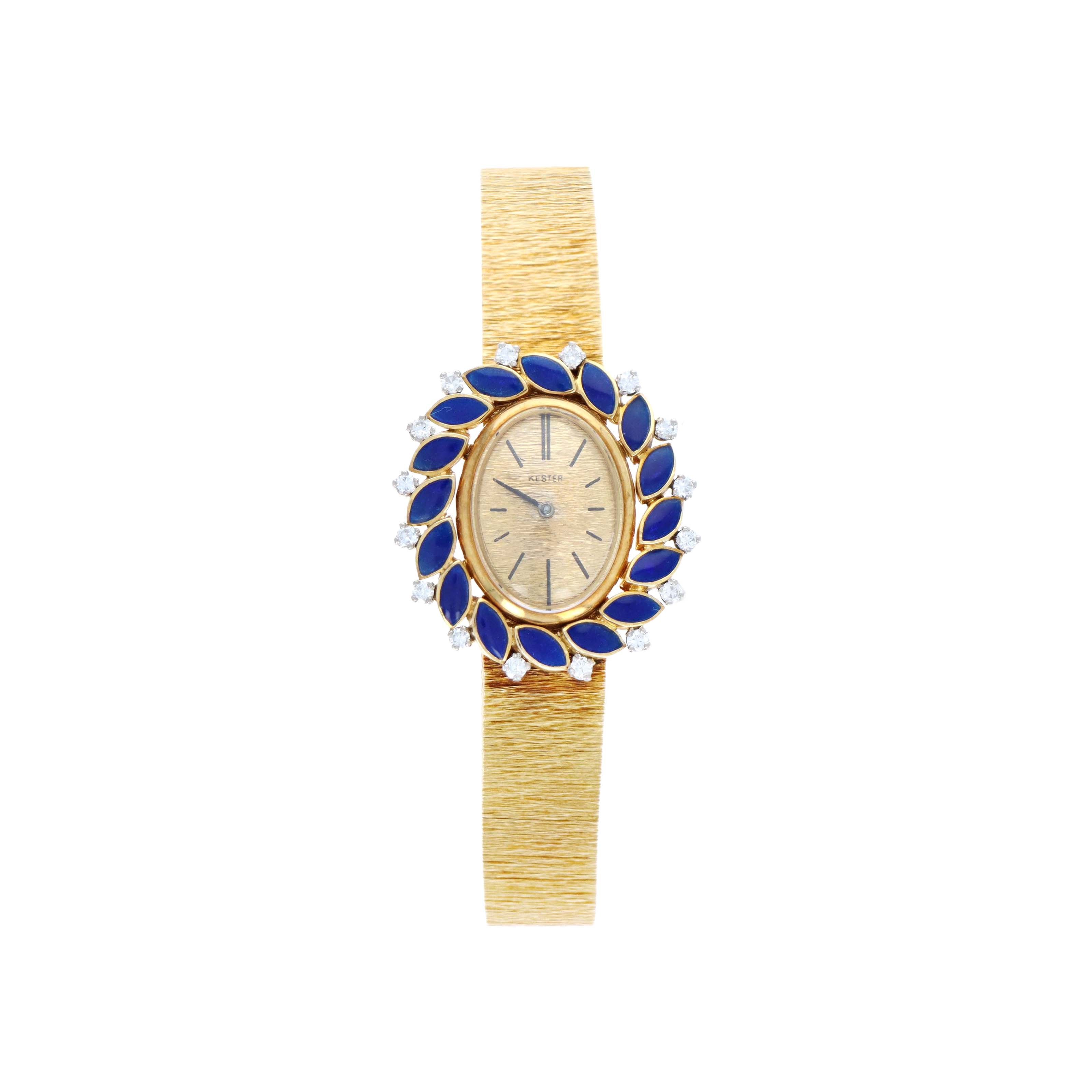 Vintage 18K Yellow Gold Kester Mechanical Movement Diamond & Blue Enamel Watch
