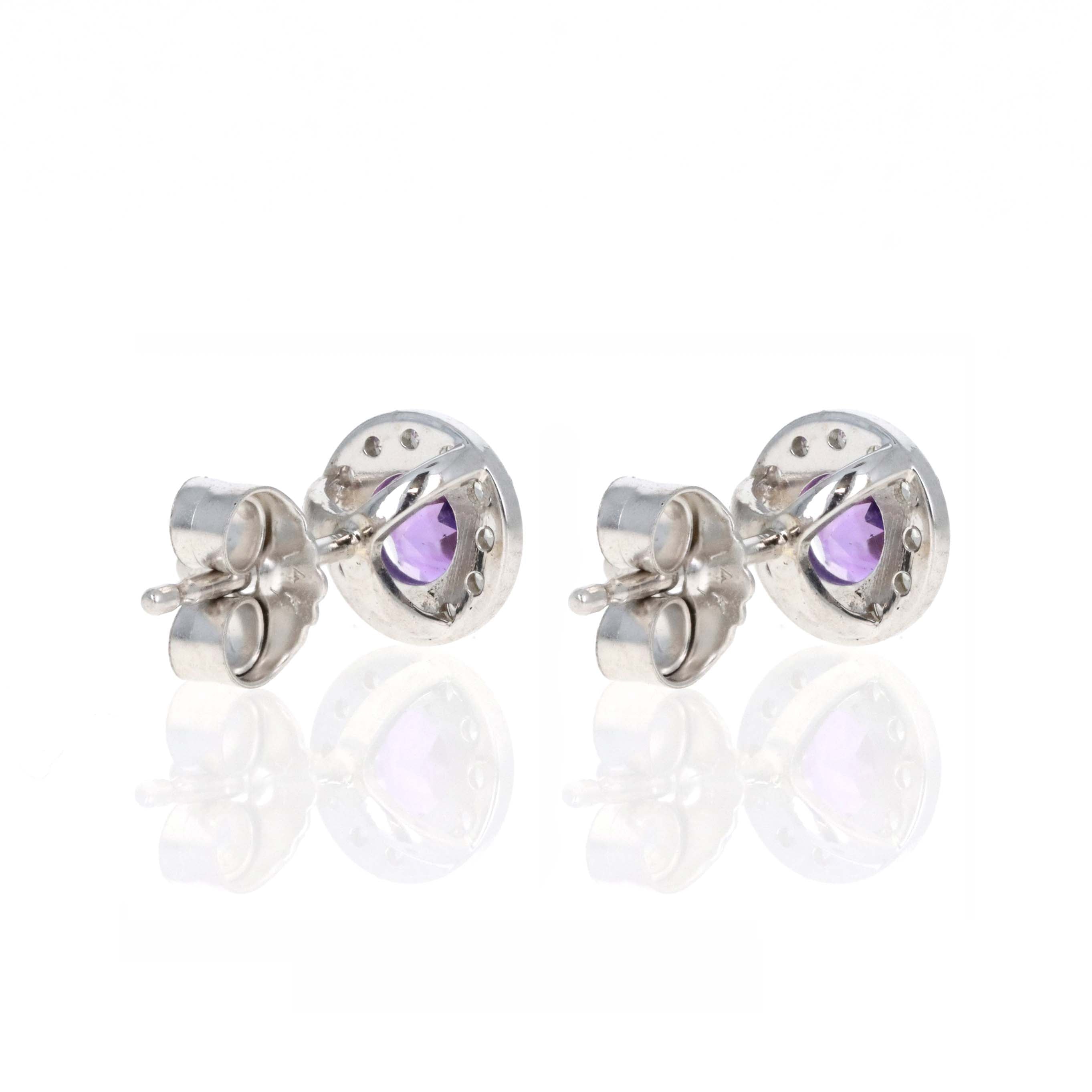 14K White Gold Diamond Halo Birth Stone Stud Earrings - Queen May