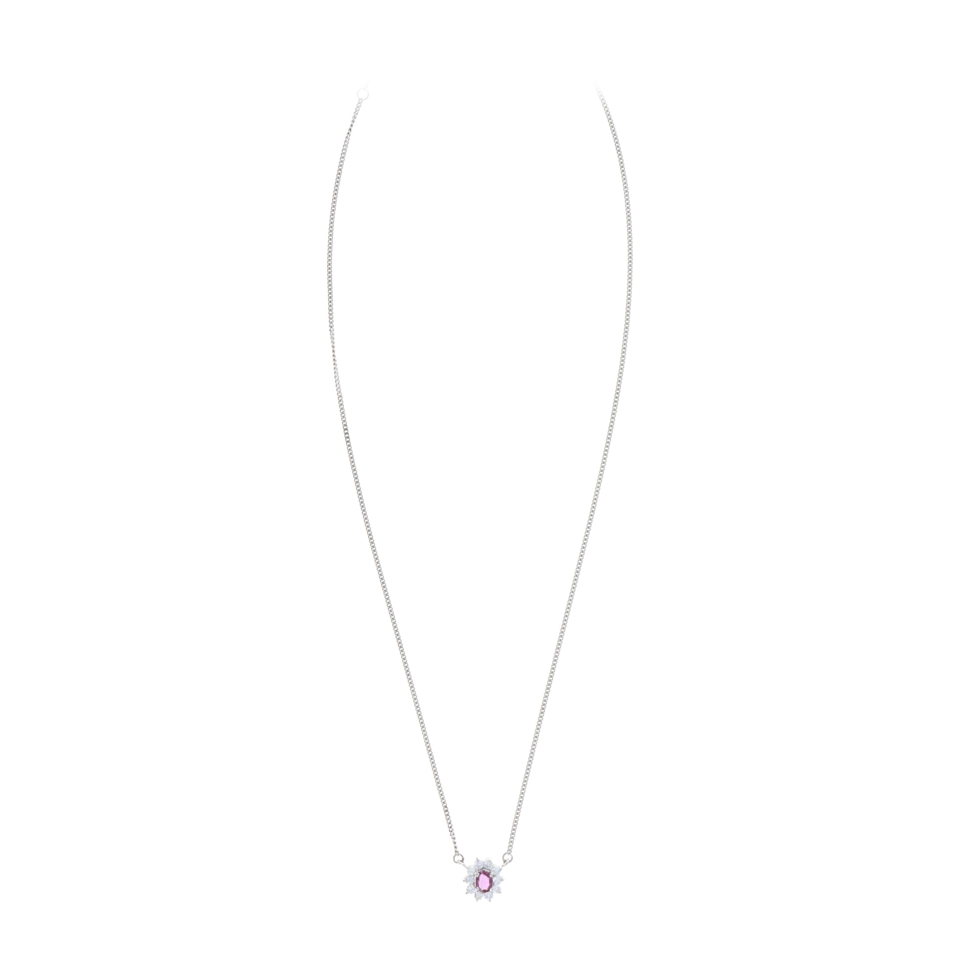 Platinum 0.34 Carat Oval Pink Sapphire Diamond Halo Pendant Necklace