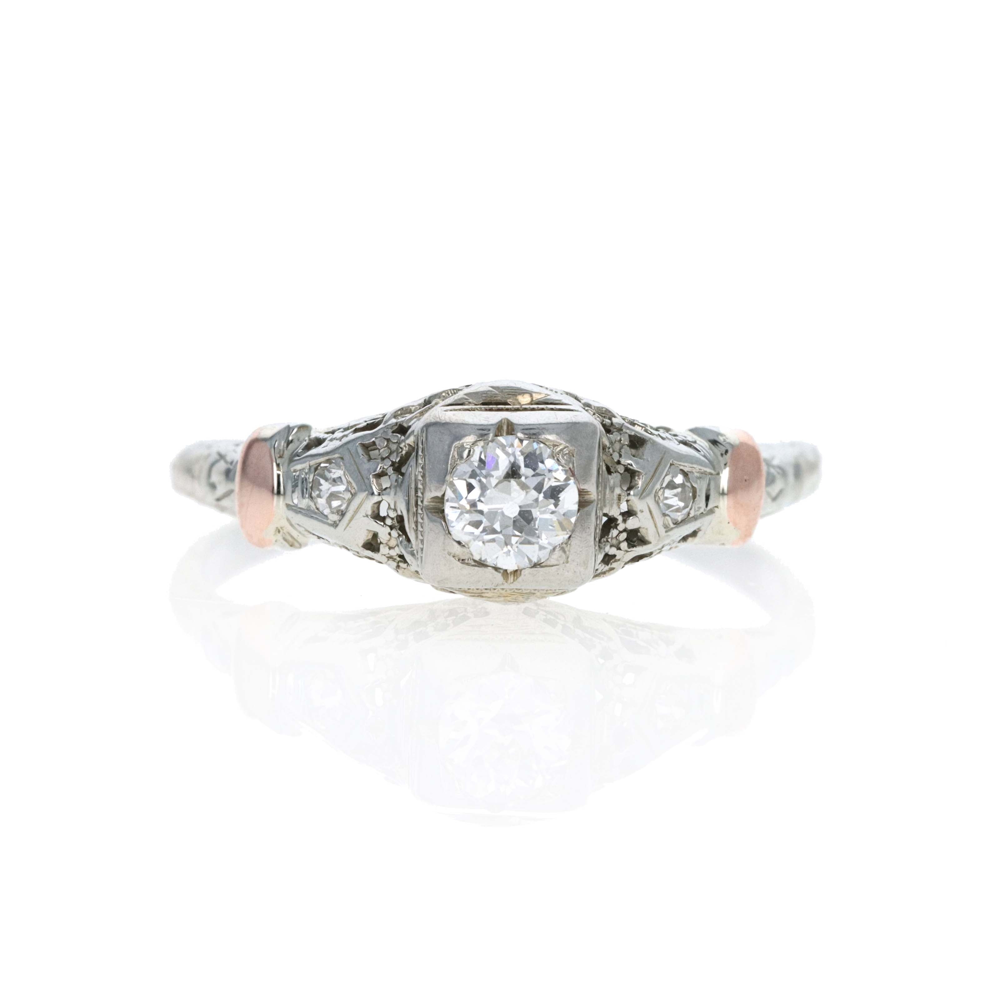 Art Deco 18K Gold 0.25 Carat Old European Diamond Filigree Engagement Ring - Queen May