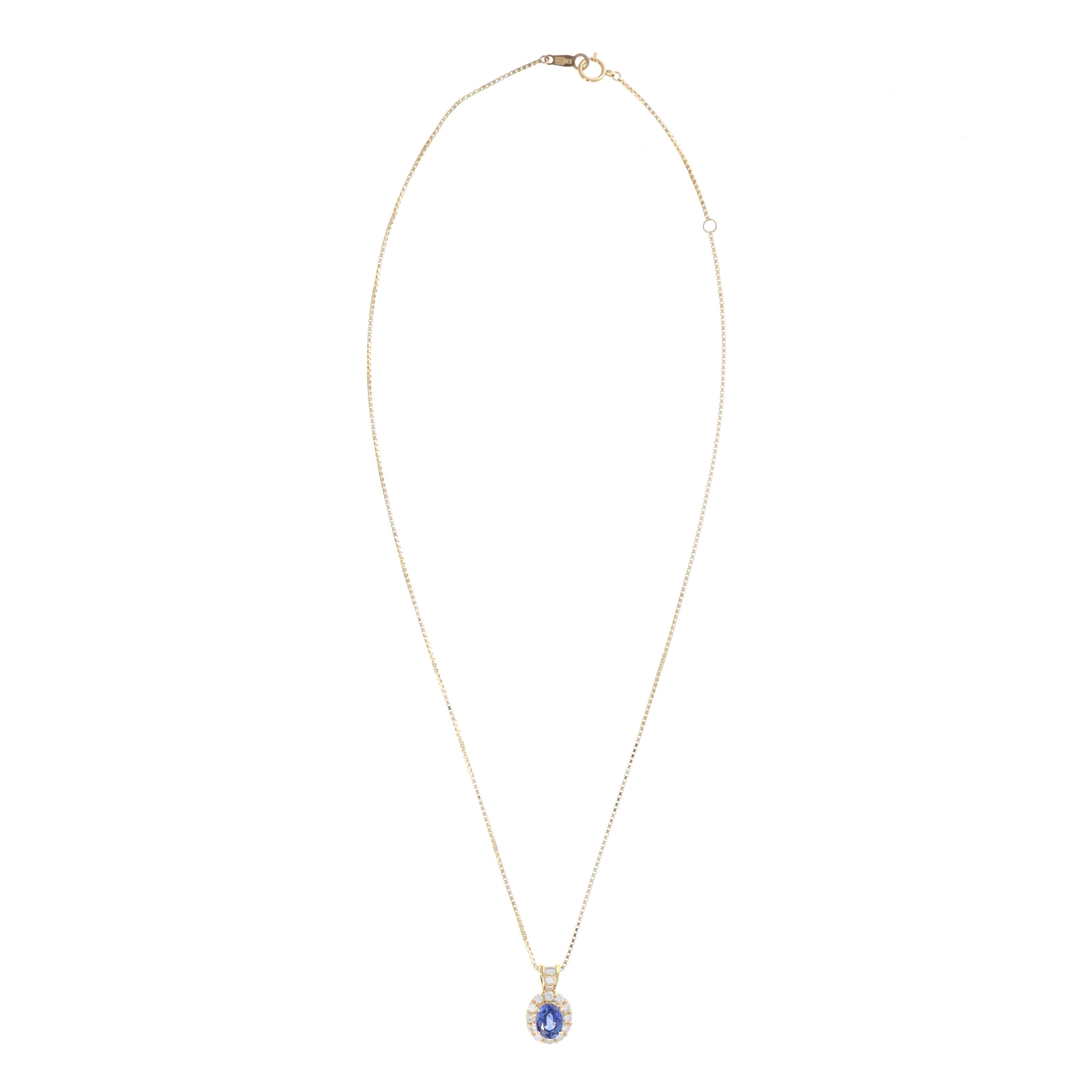18K Yellow Gold 1.34 Carat Oval Sapphire Diamond Halo Pendant Necklace - Queen May