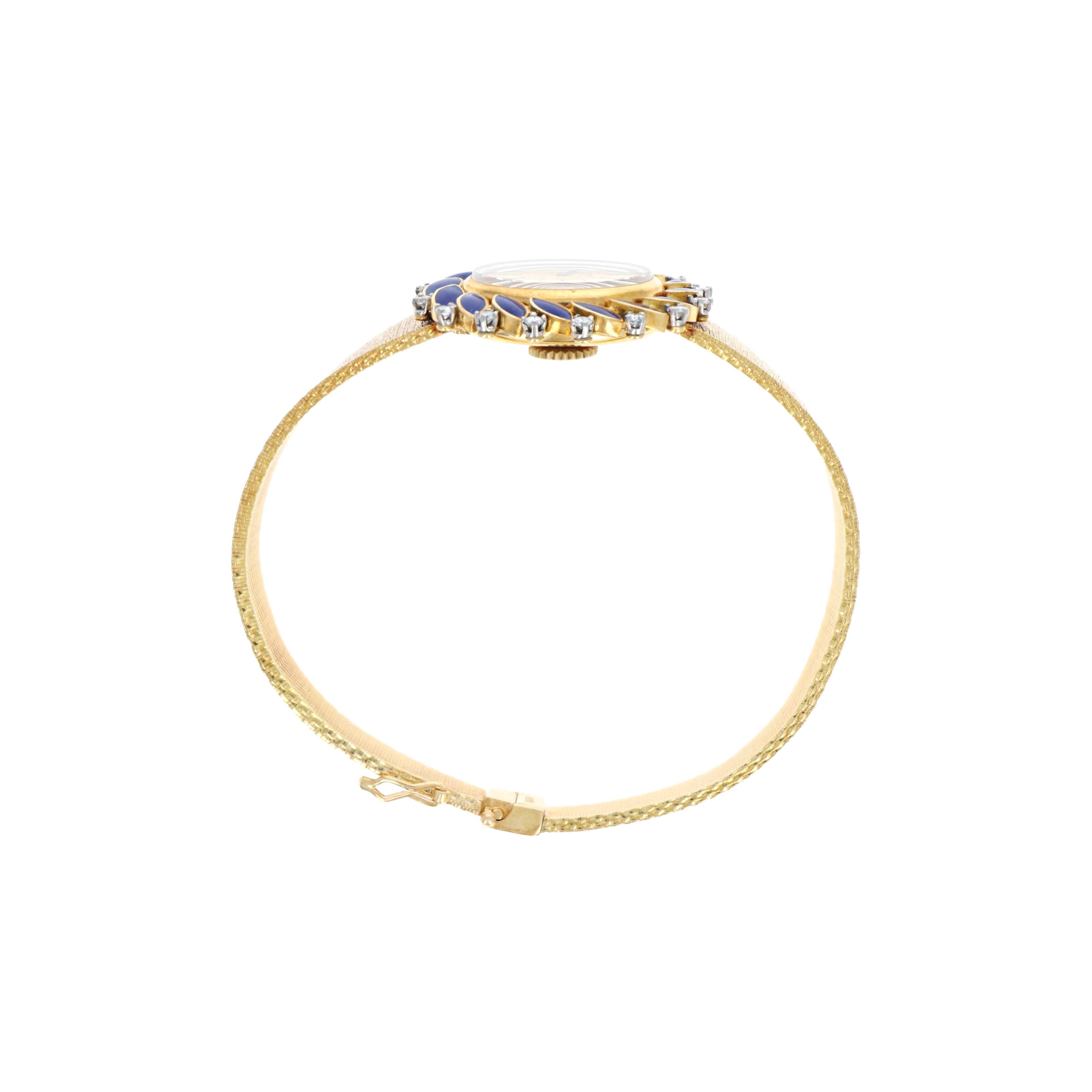Vintage 18K Yellow Gold Kester Mechanical Movement Diamond & Blue Enamel Watch