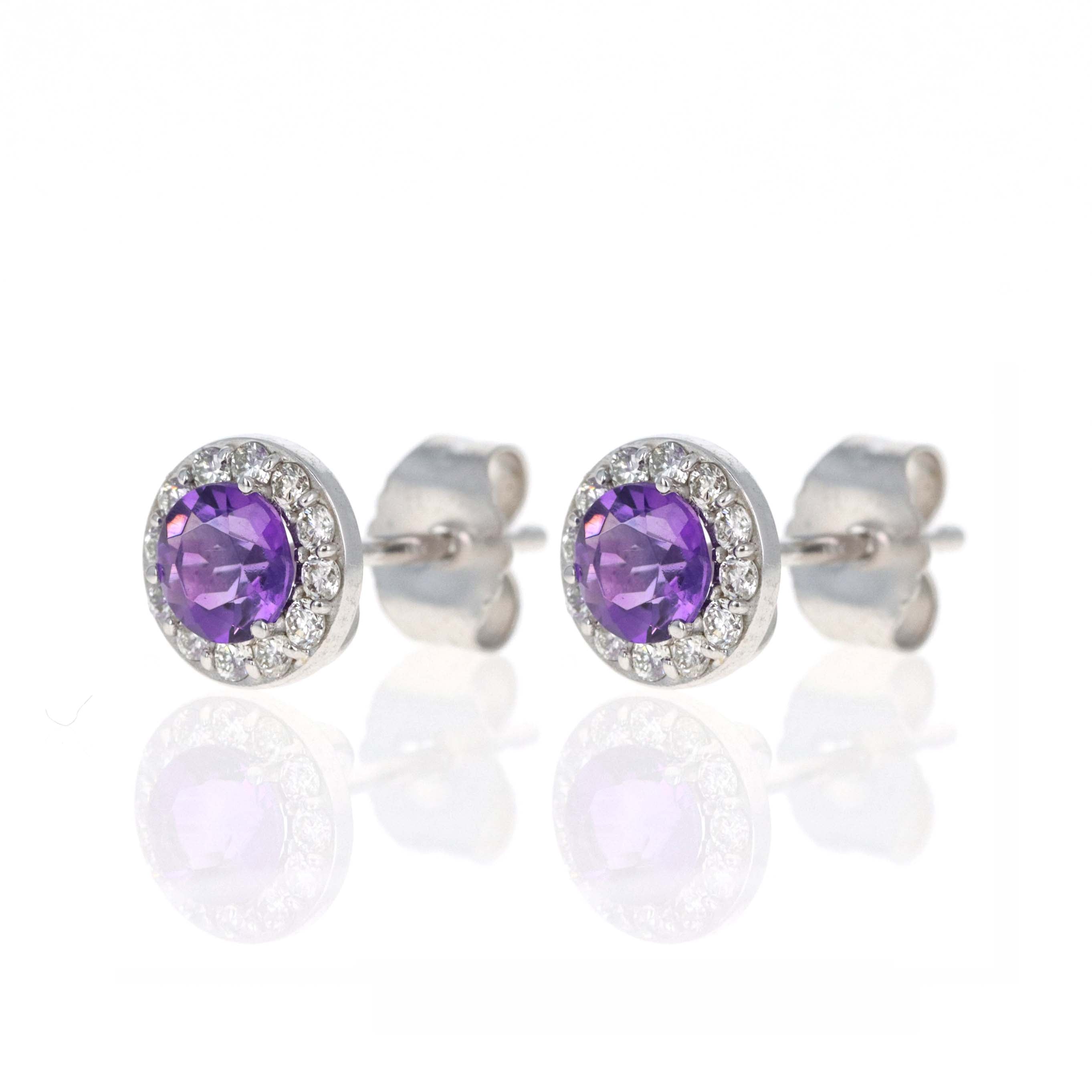 14K White Gold Diamond Halo Birth Stone Stud Earrings - Queen May