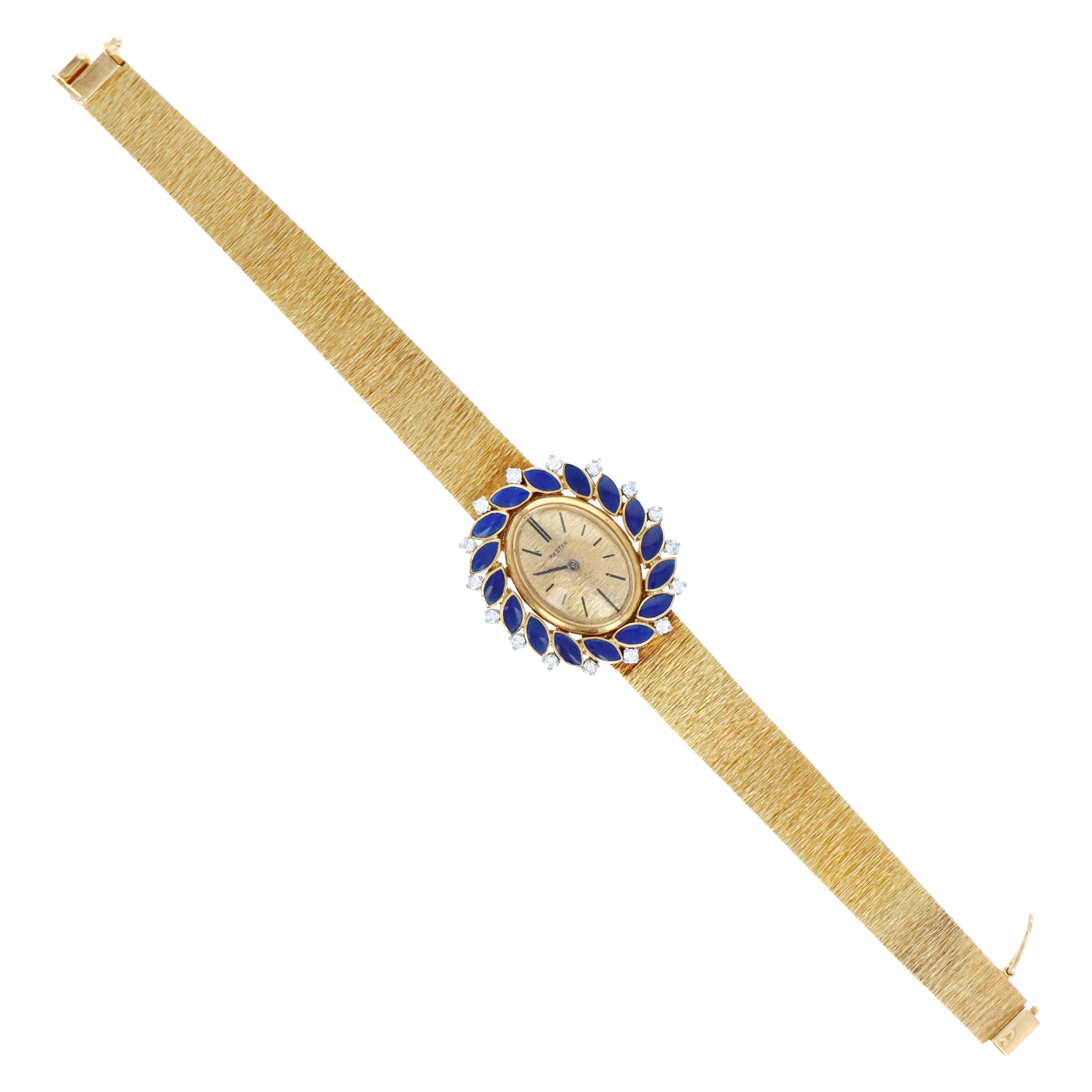 Vintage 18K Yellow Gold Kester Mechanical Movement Diamond & Blue Enamel Watch