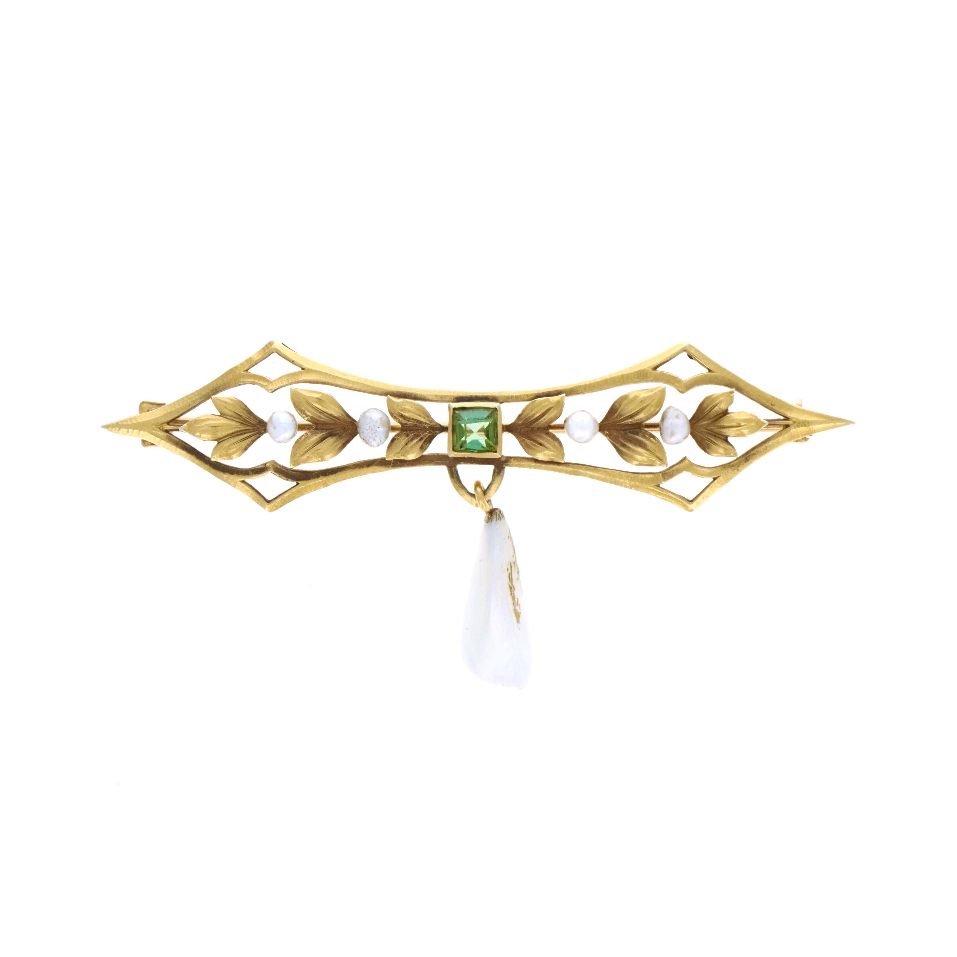 Victorian 14K Yellow Gold 0.35 Carat Peridot & Natural Pearl Brooch - Queen May