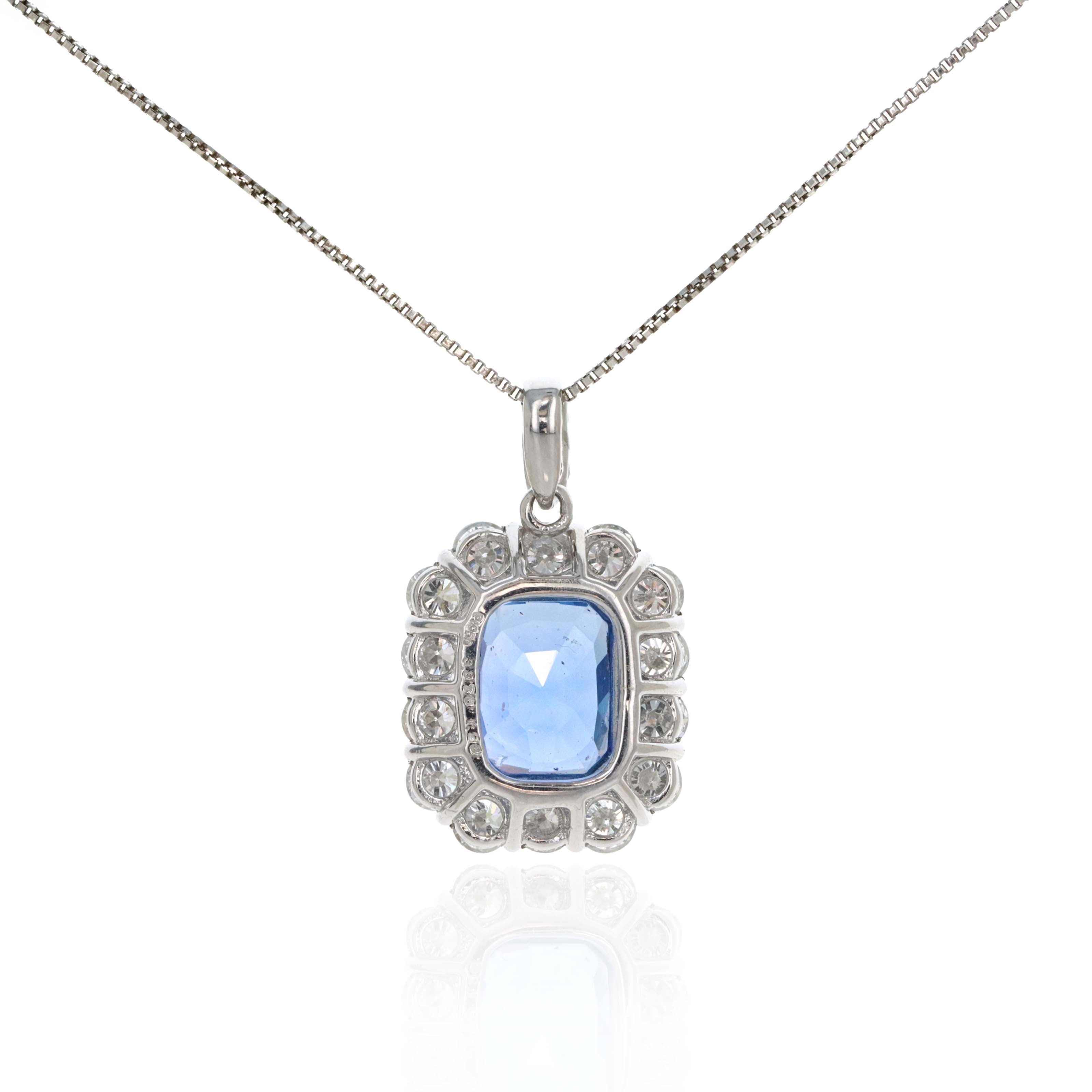 Platinum 3.37 Carat Cushion No Heat Sapphire Diamond Halo Pendant Necklace - Queen May