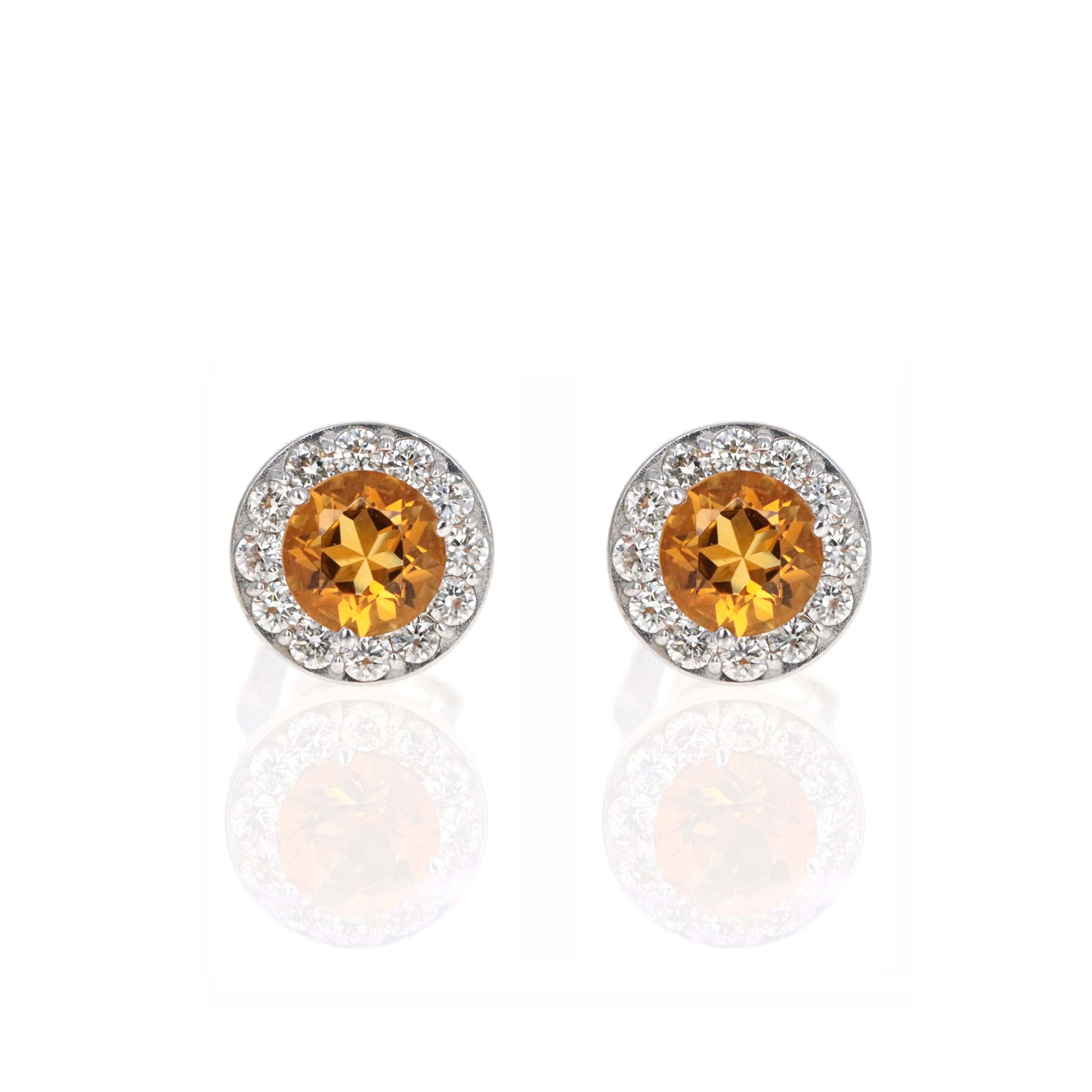14K White Gold Diamond Halo Birth Stone Stud Earrings - Queen May
