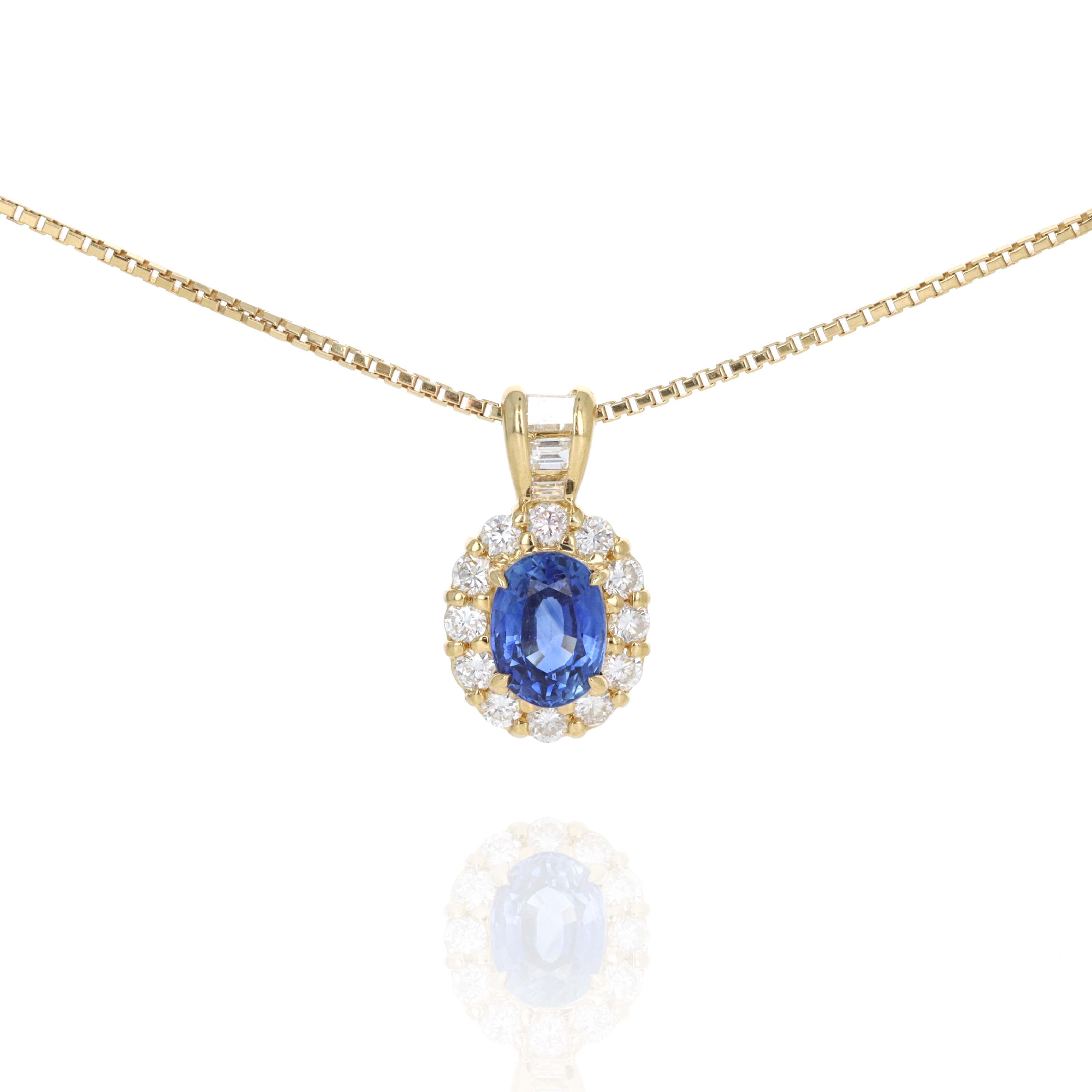18K Yellow Gold 1.34 Carat Oval Sapphire Diamond Halo Pendant Necklace - Queen May